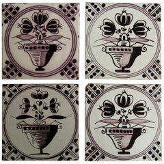 Set of FOUR Dutch Delft Earthenware Tiles Manganese Hand Painted, Mid 19th C.