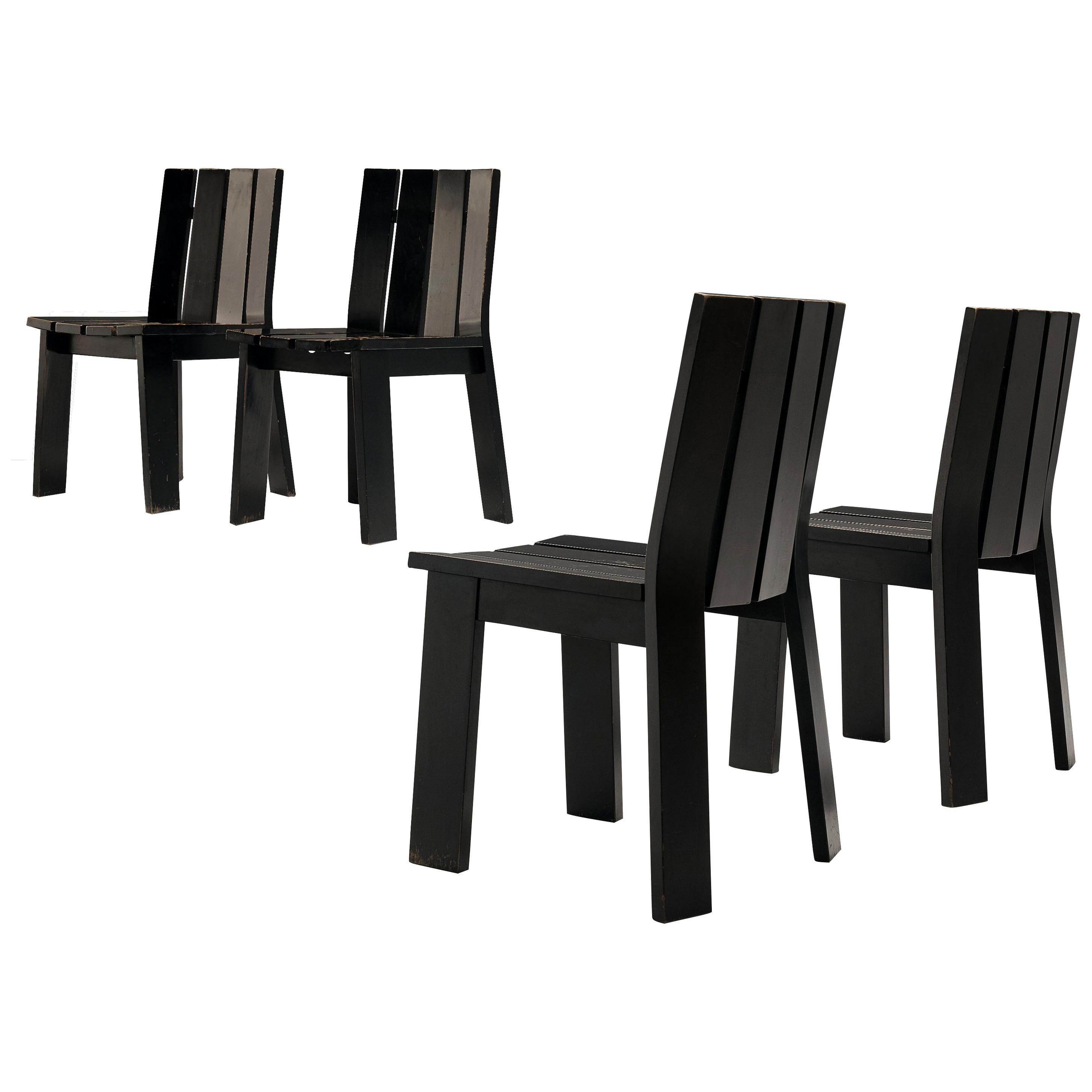 Set of Four Dutch Dining Chairs in Black Colored Wood