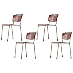 Set of Four Dutch Industrial Gispen School Chairs in Grey Metal, Brown Plywood