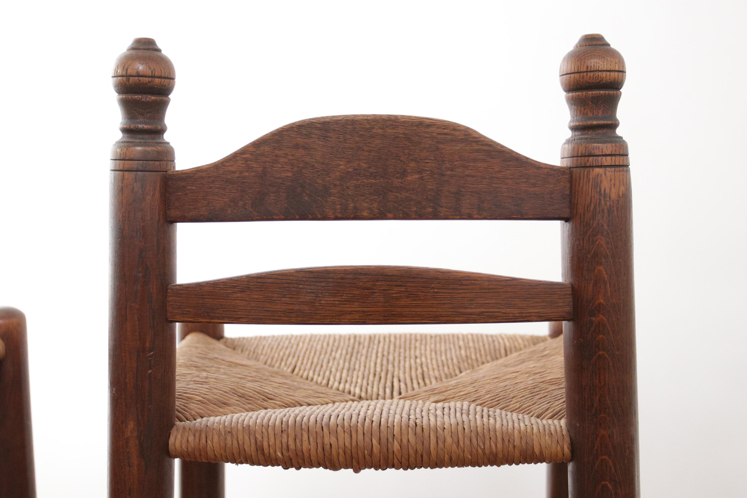 Mid-20th Century Set of Four Dutch Oak Barstools with Rush Seats