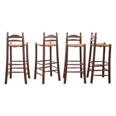 Set of Four Dutch Oak Barstools with Rush Seats