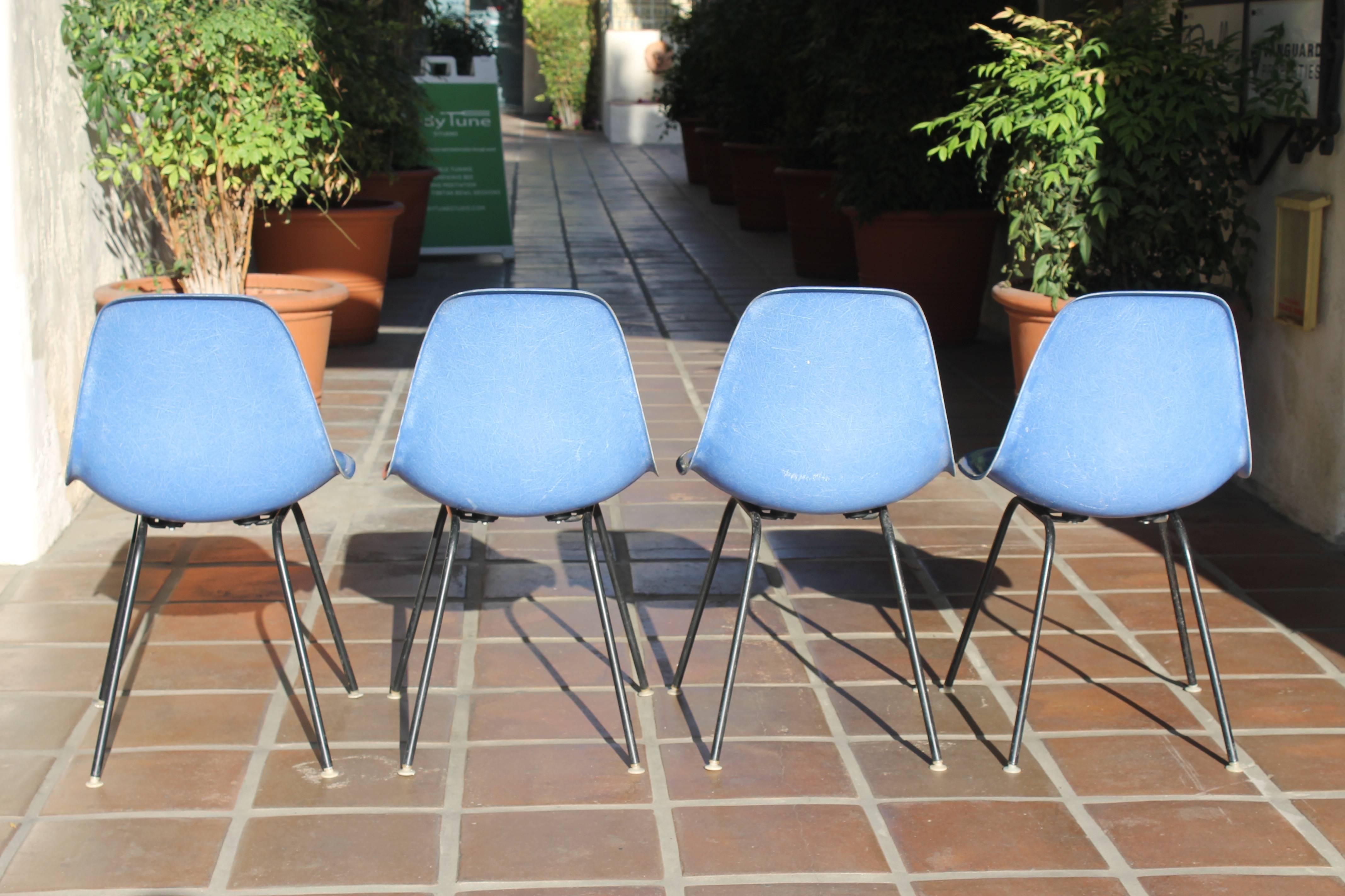 American Set of Four Eames Blue Fiberglass Side Chairs