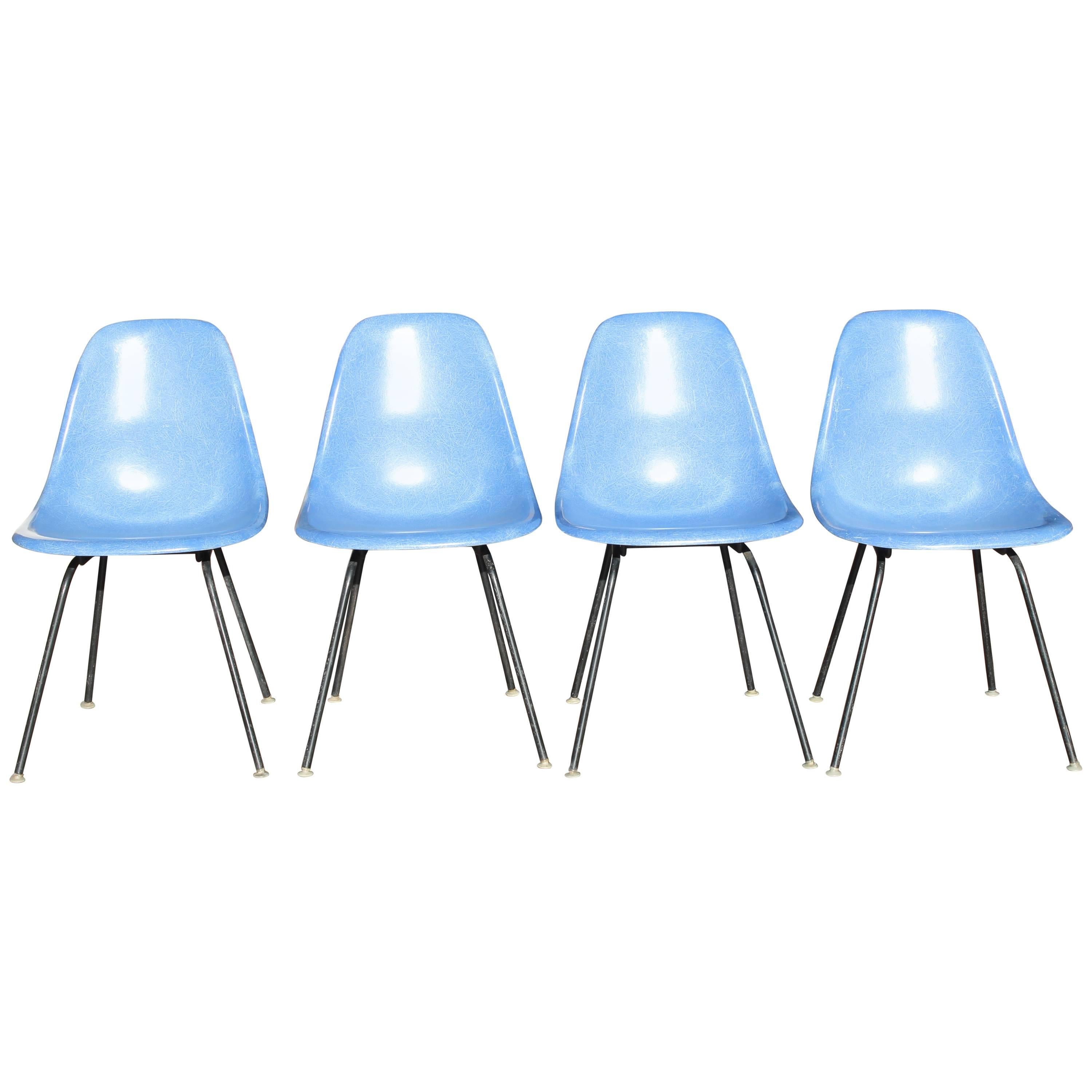 Set of Four Eames Blue Fiberglass Side Chairs