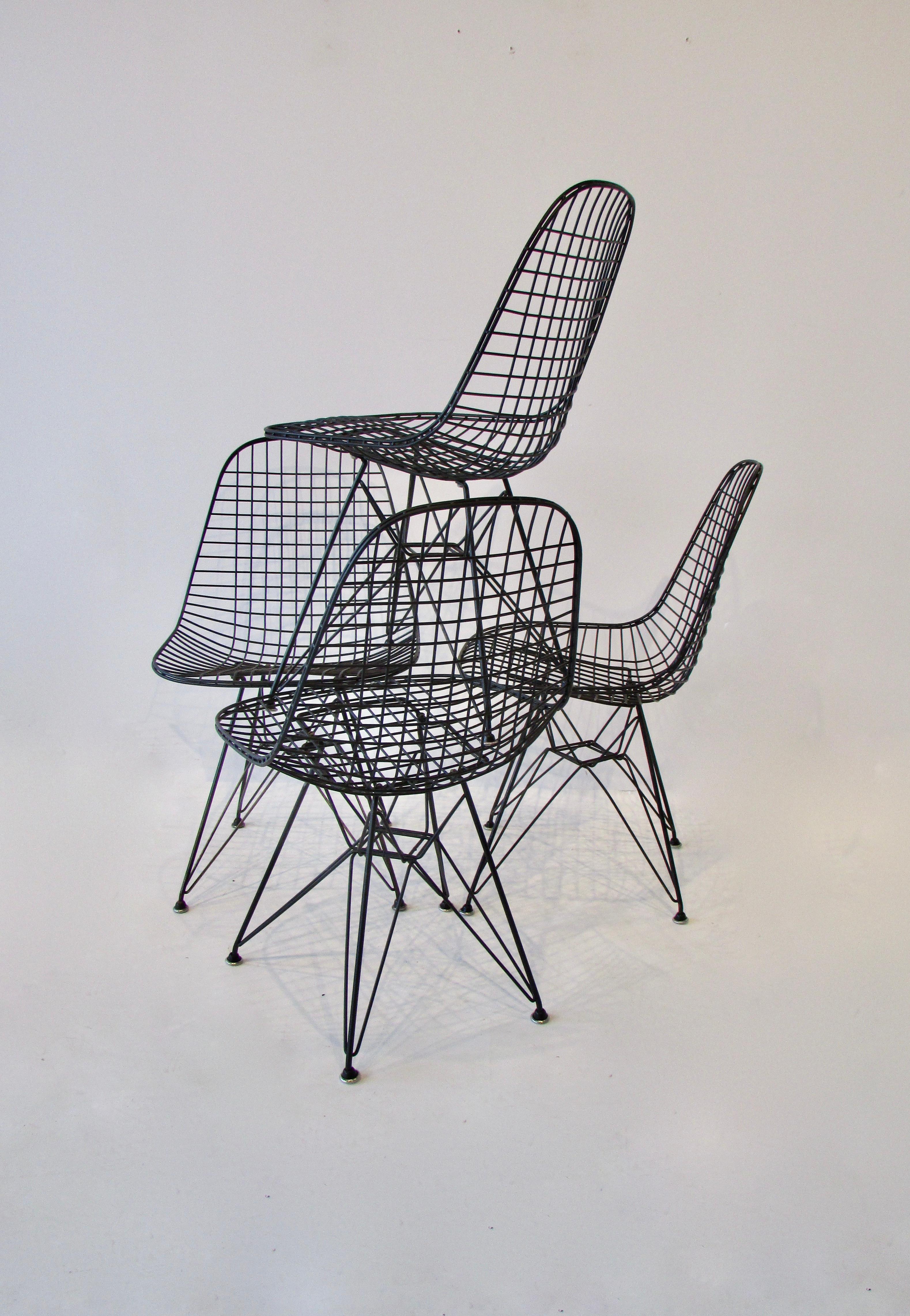  Set of Four Eames for Herman Miller Black DKR Wire Chairs on Eiffel Bases For Sale 2