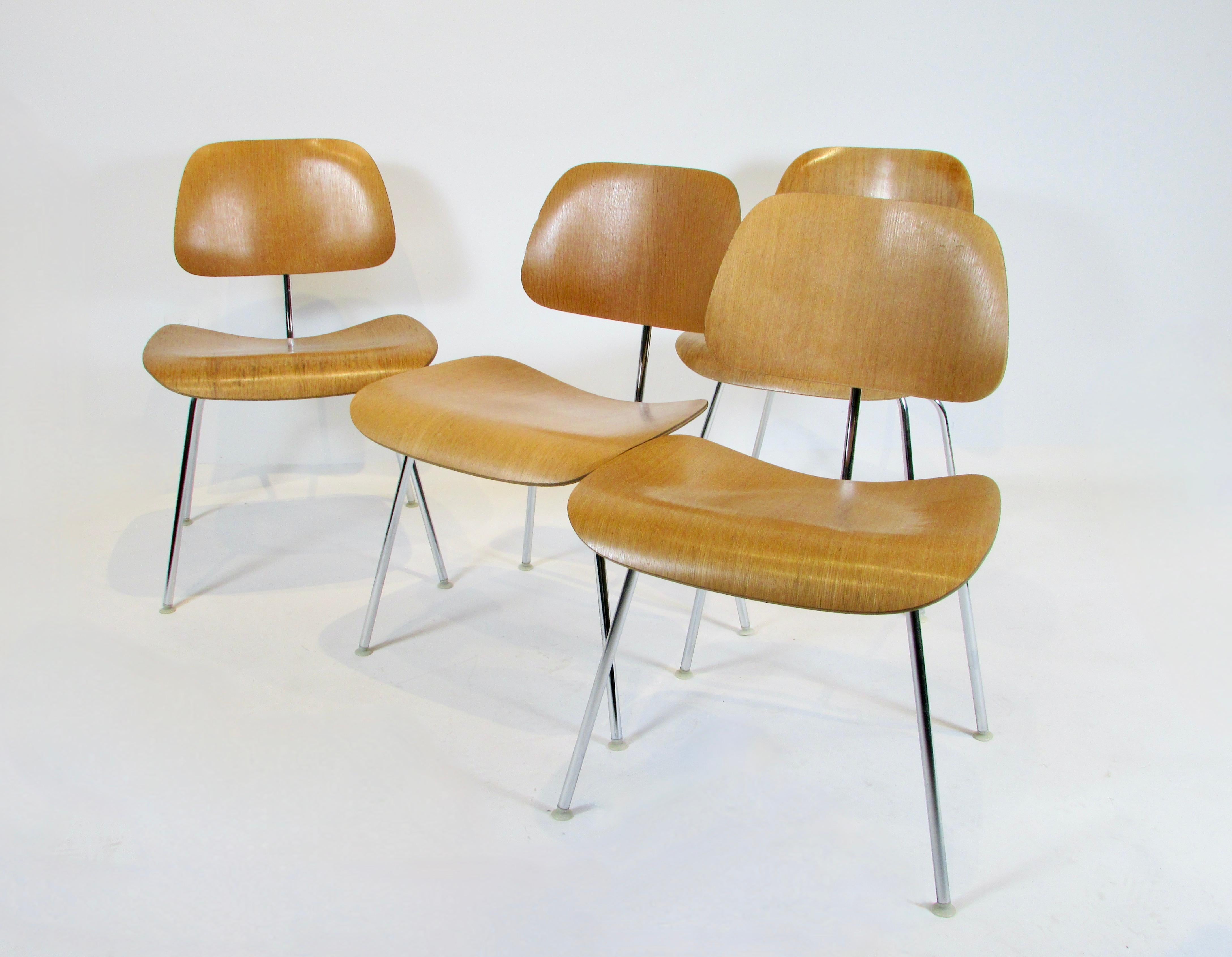 Set of Four Eames Herman Miller Chrome Frame Calico Ash DCM chairs  For Sale 3
