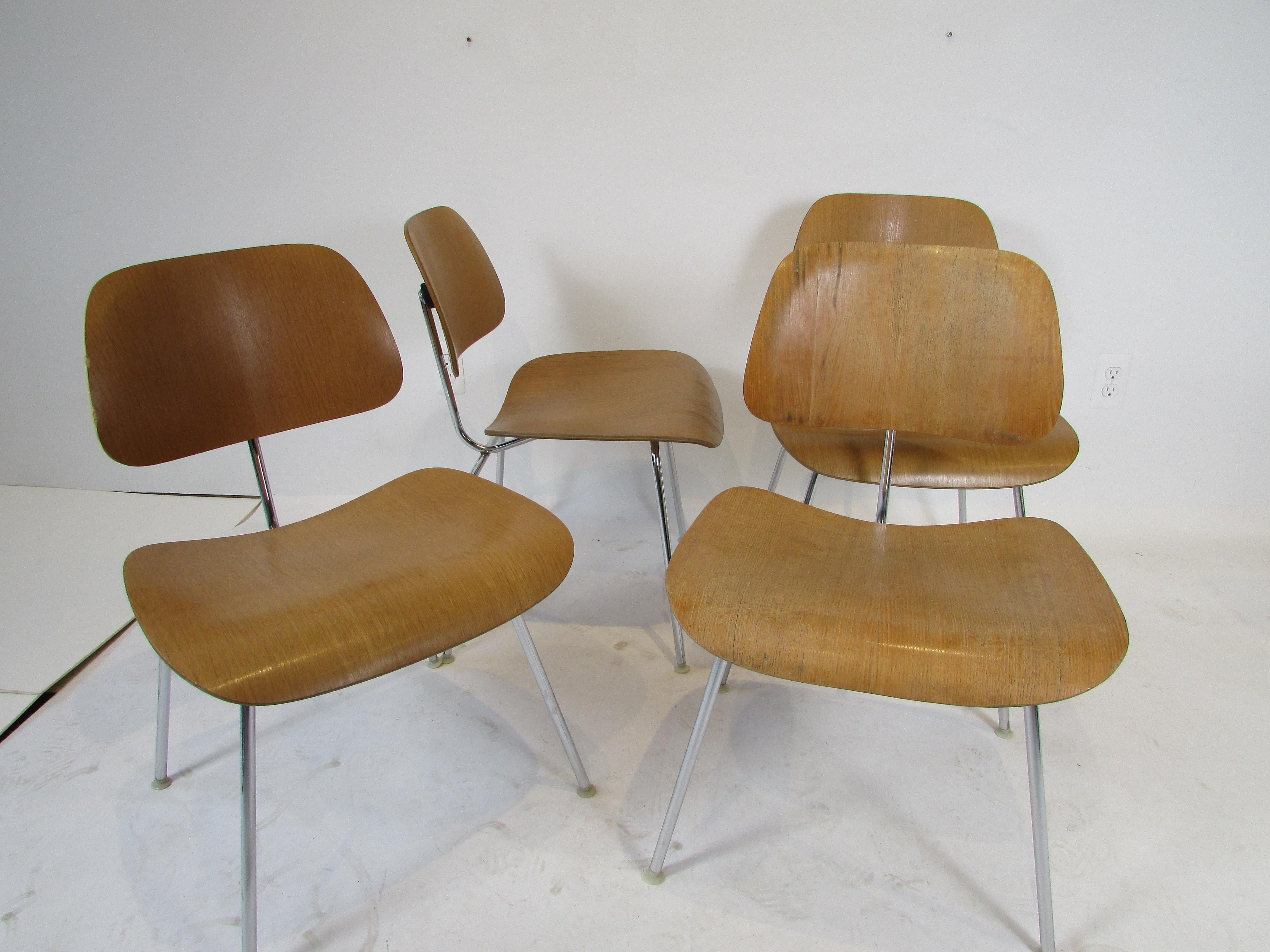 Set of Four Eames Herman Miller Chrome Frame Calico Ash DCM chairs  For Sale 1