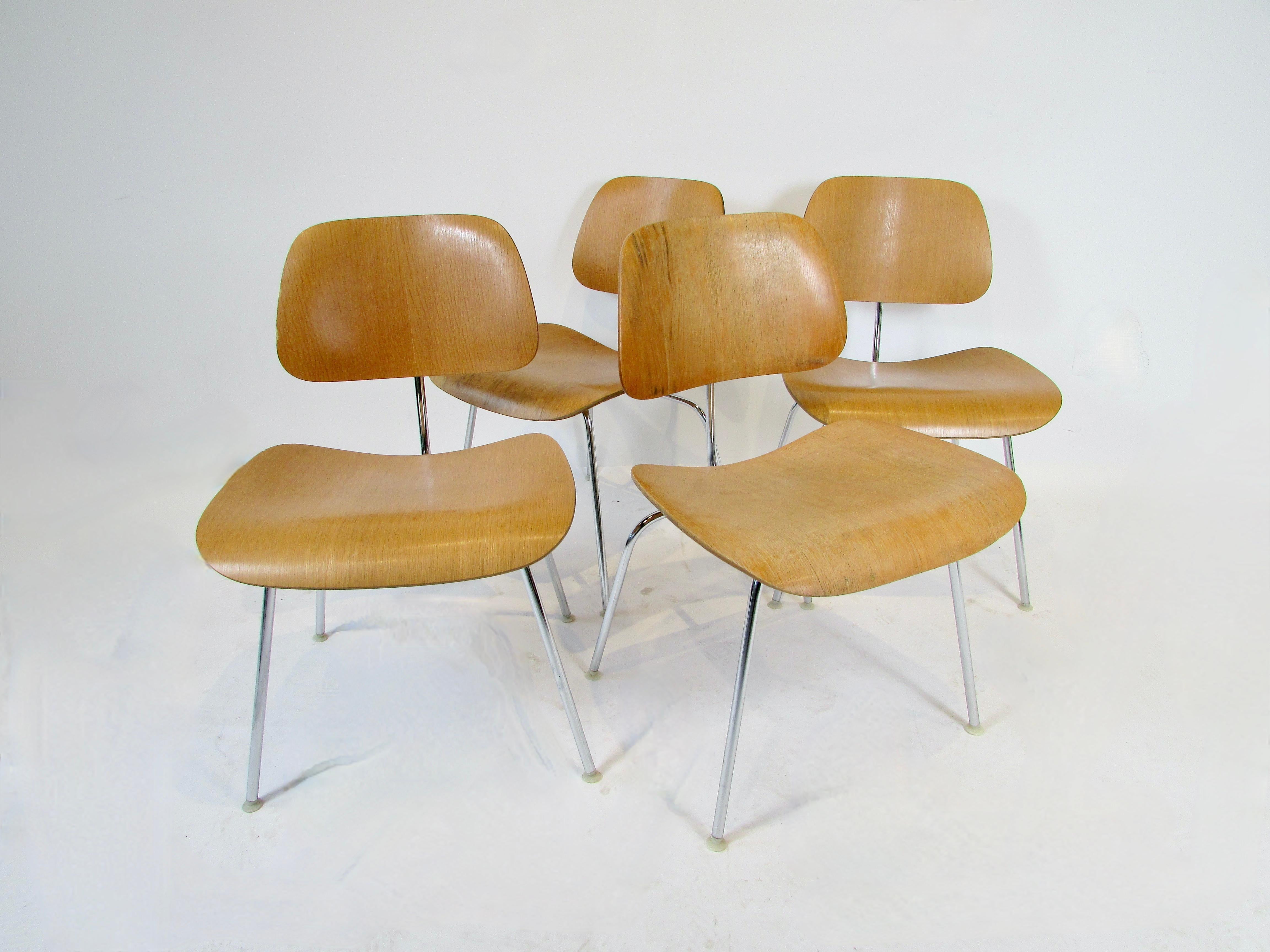 Set of Four Eames Herman Miller Chrome Frame Calico Ash DCM chairs  For Sale 2