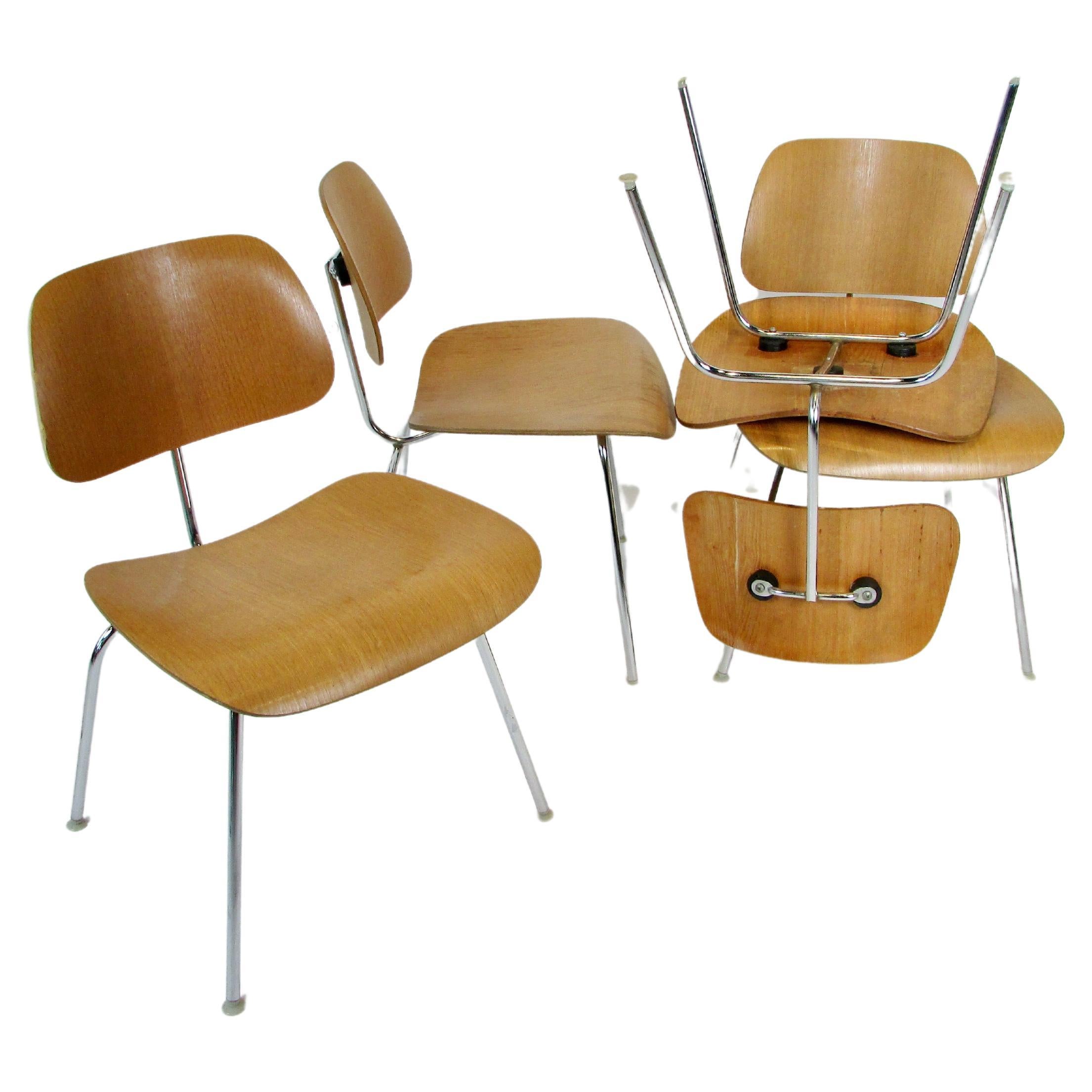 Set von vier Eames Herman Miller DCM-Stühlen aus Calico-Eschenholz mit Chromrahmen und Chromrahmen 