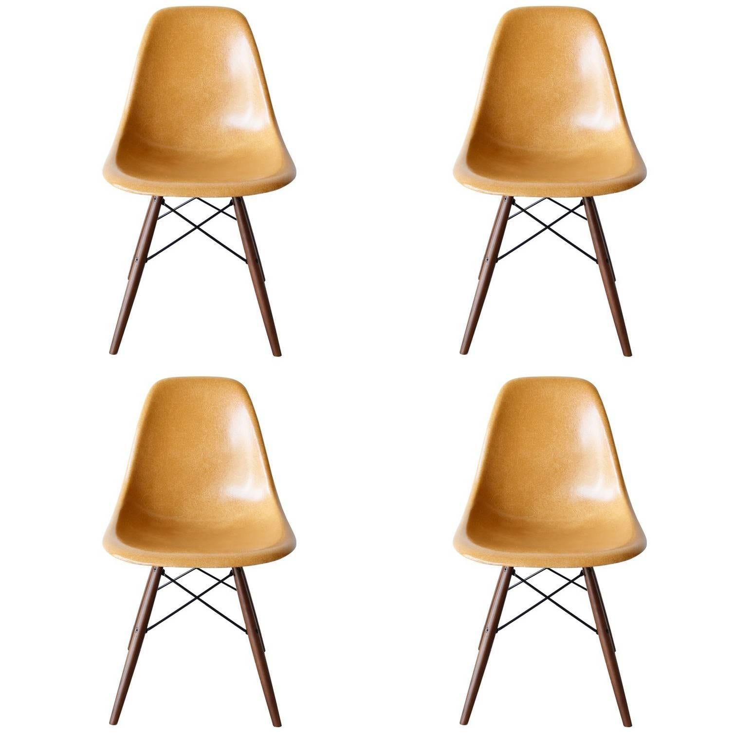 Set of Four Eames Ochre Dark DSW Herman Miller, USA Dining Chairs