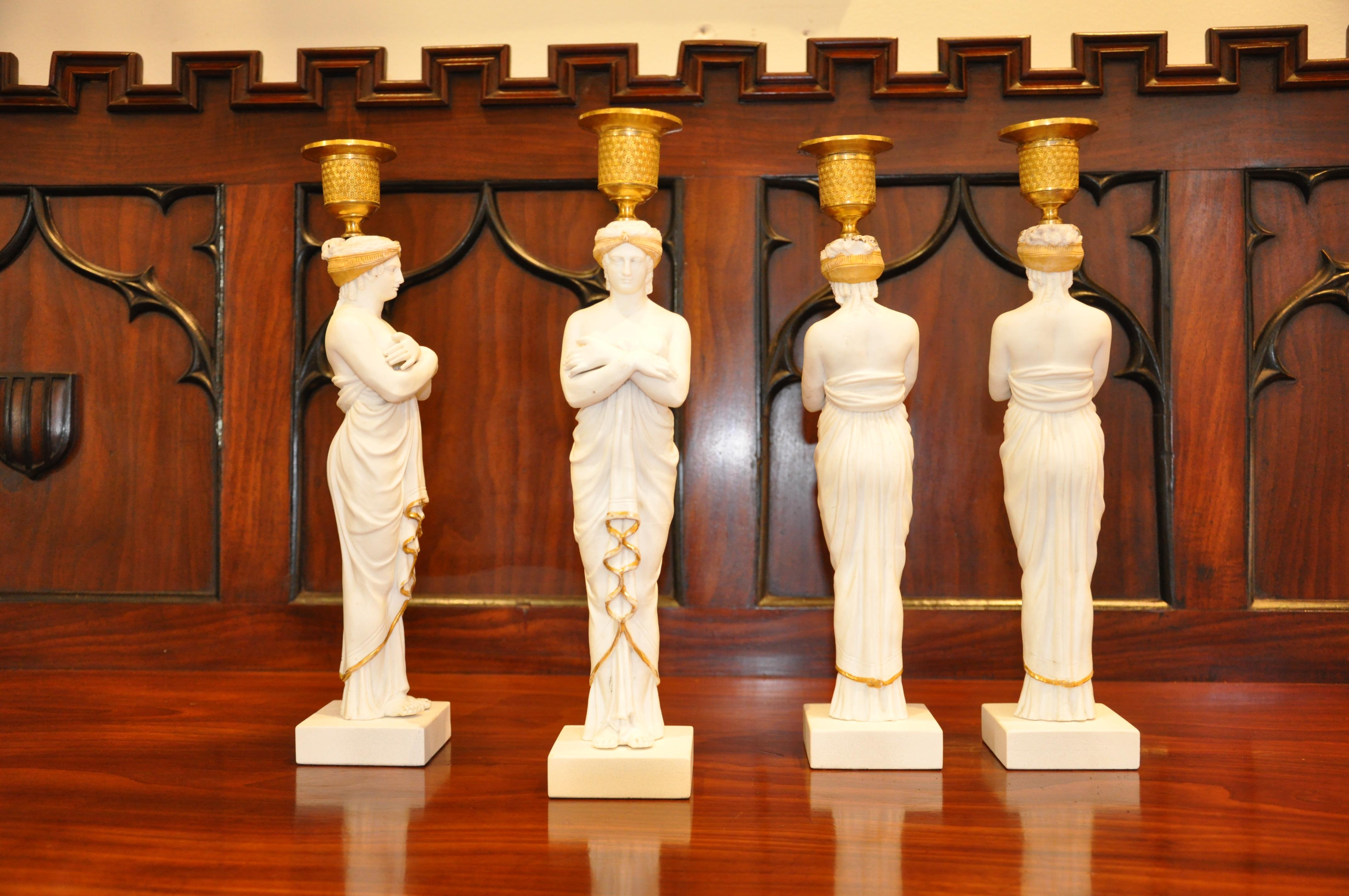 Neoclassical Set of Four Early 19th Century Biscuit Caryatid Figures as Candlesticks