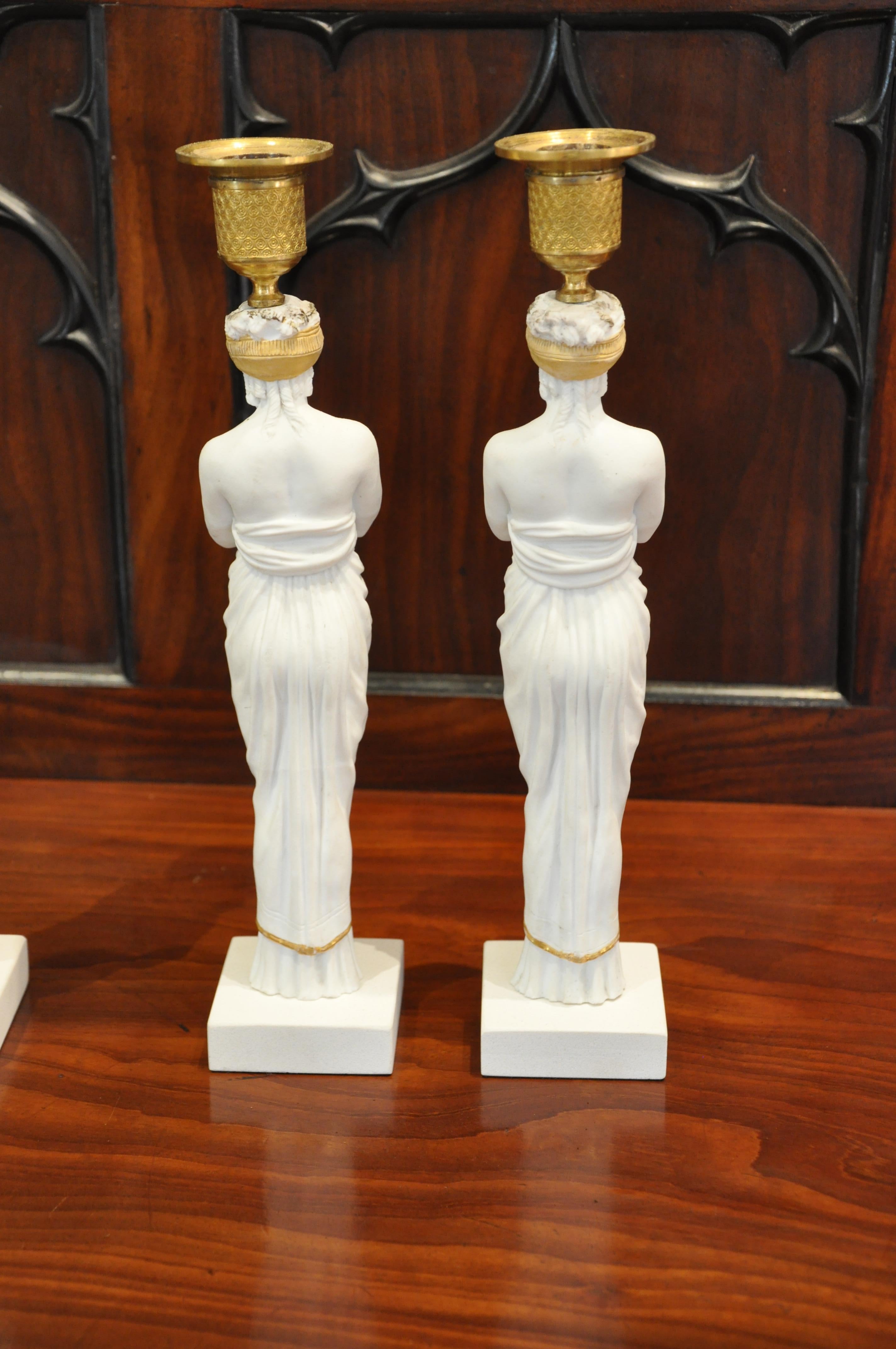 French Set of Four Early 19th Century Biscuit Caryatid Figures as Candlesticks