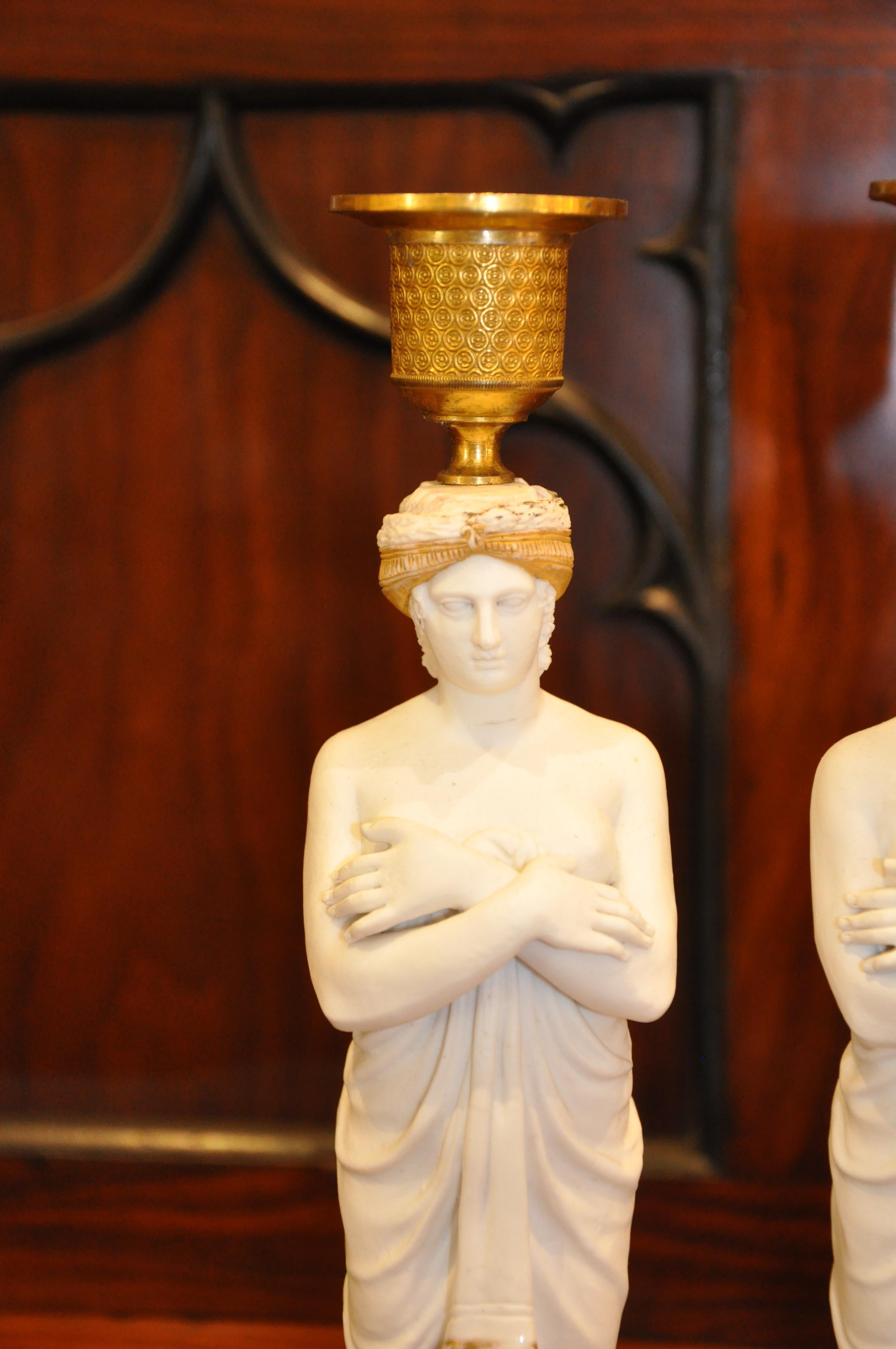 Porcelain Set of Four Early 19th Century Biscuit Caryatid Figures as Candlesticks