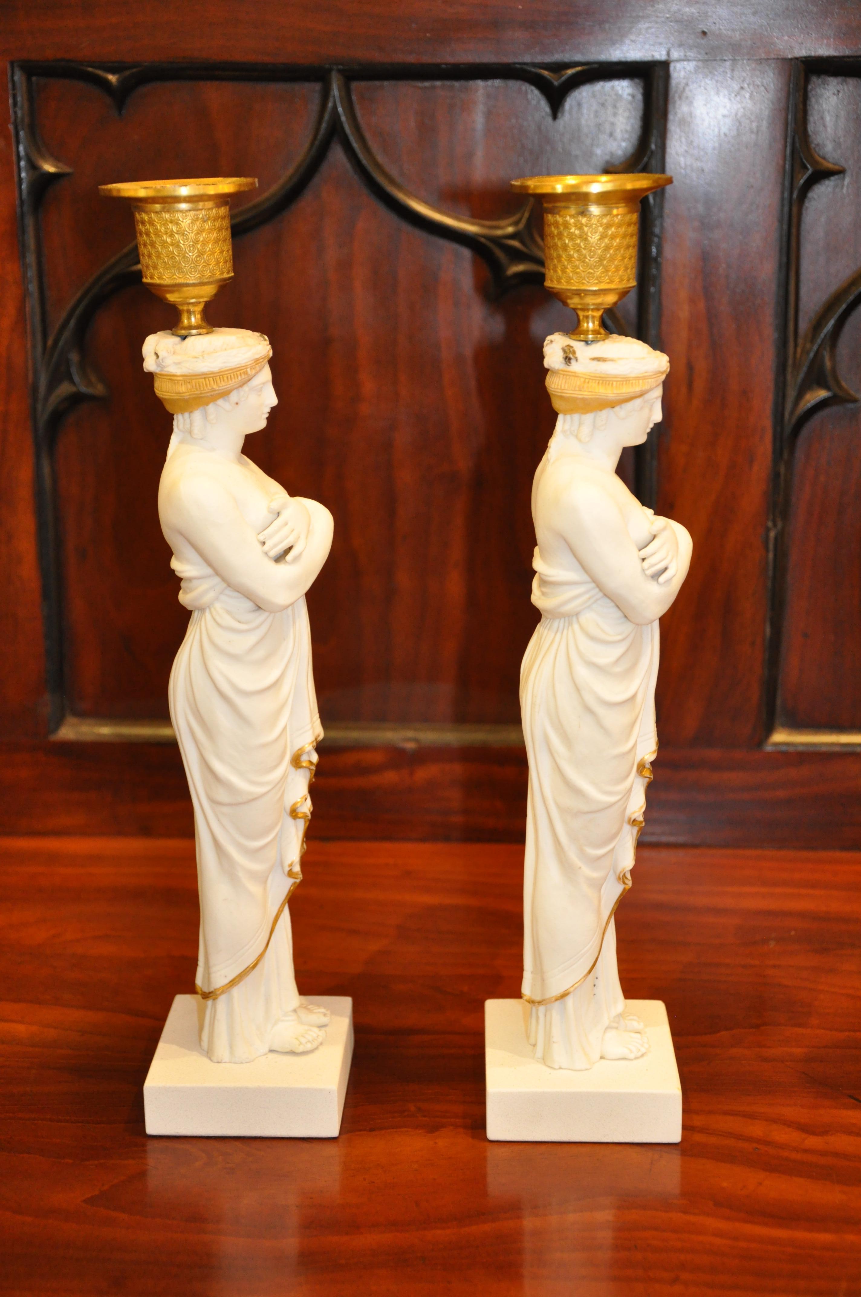Set of Four Early 19th Century Biscuit Caryatid Figures as Candlesticks 1
