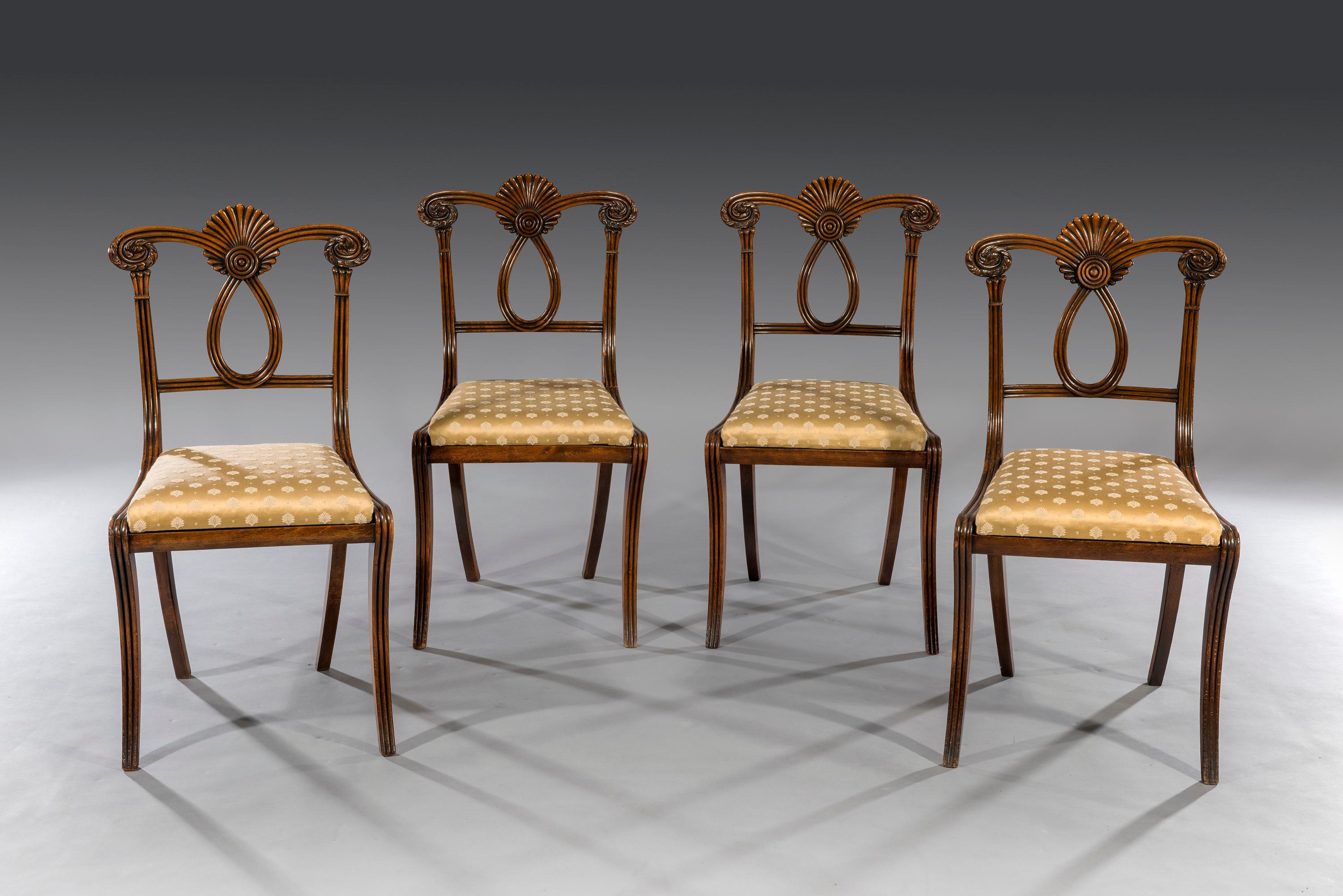 British Set of Four Early 19th Century Regency Period Carved Beechwood Side Chairs For Sale