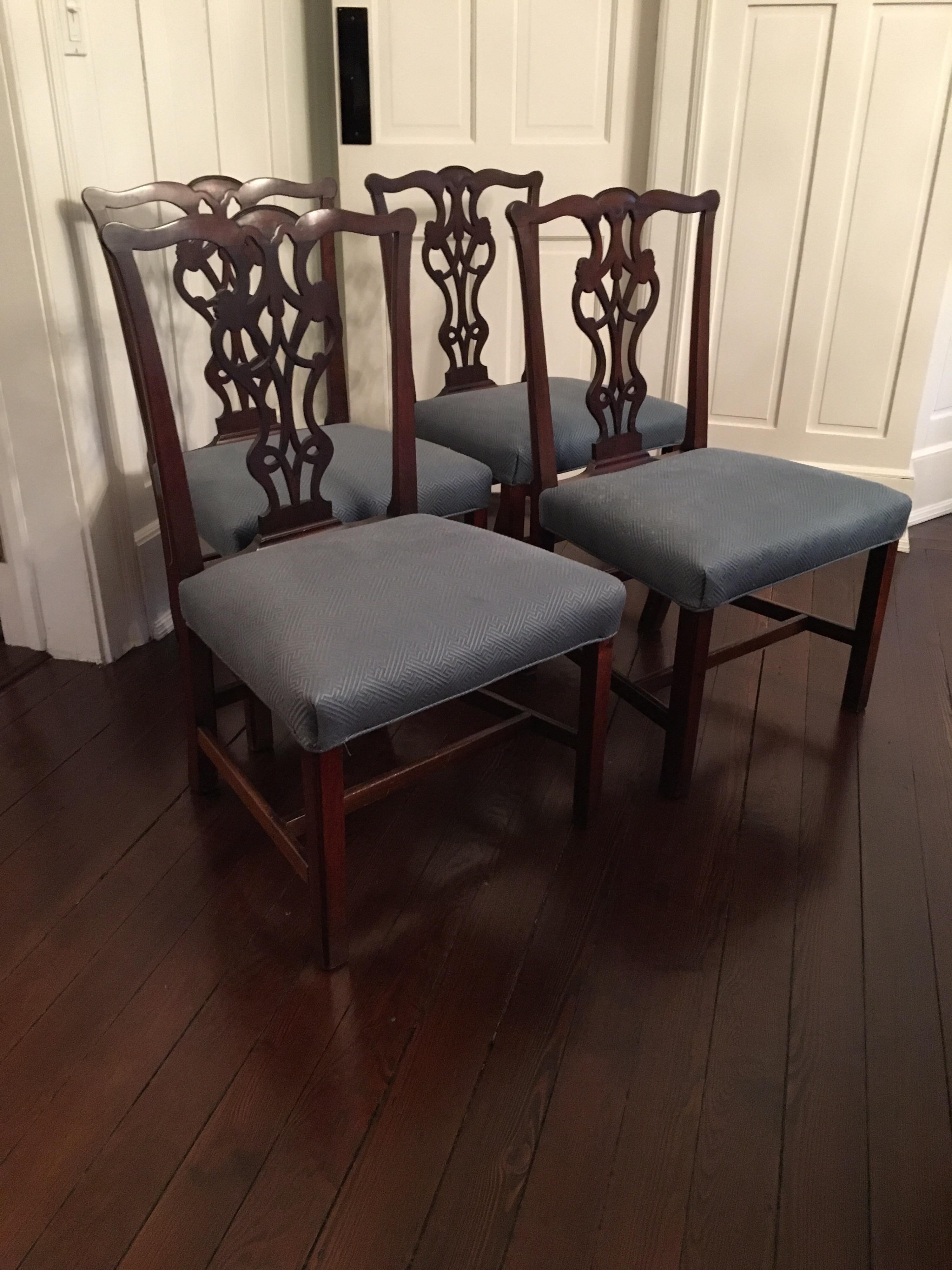 Set of four early 20th century Chippendale style side chairs - upholstered in blue Greek key fabric.