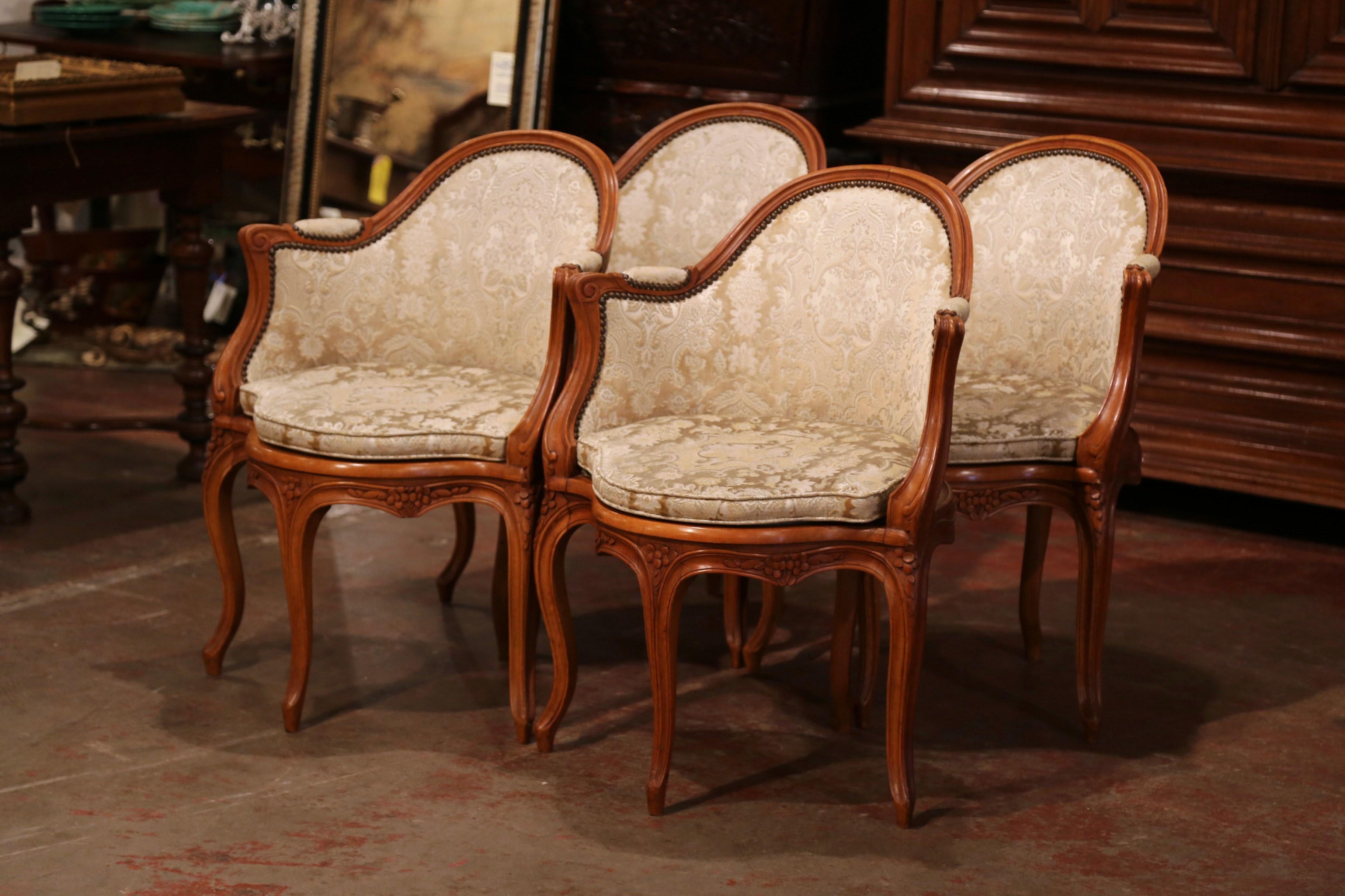 Hand-Carved Set of Four Early 20th Century French Louis XV Carved Walnut Armchairs