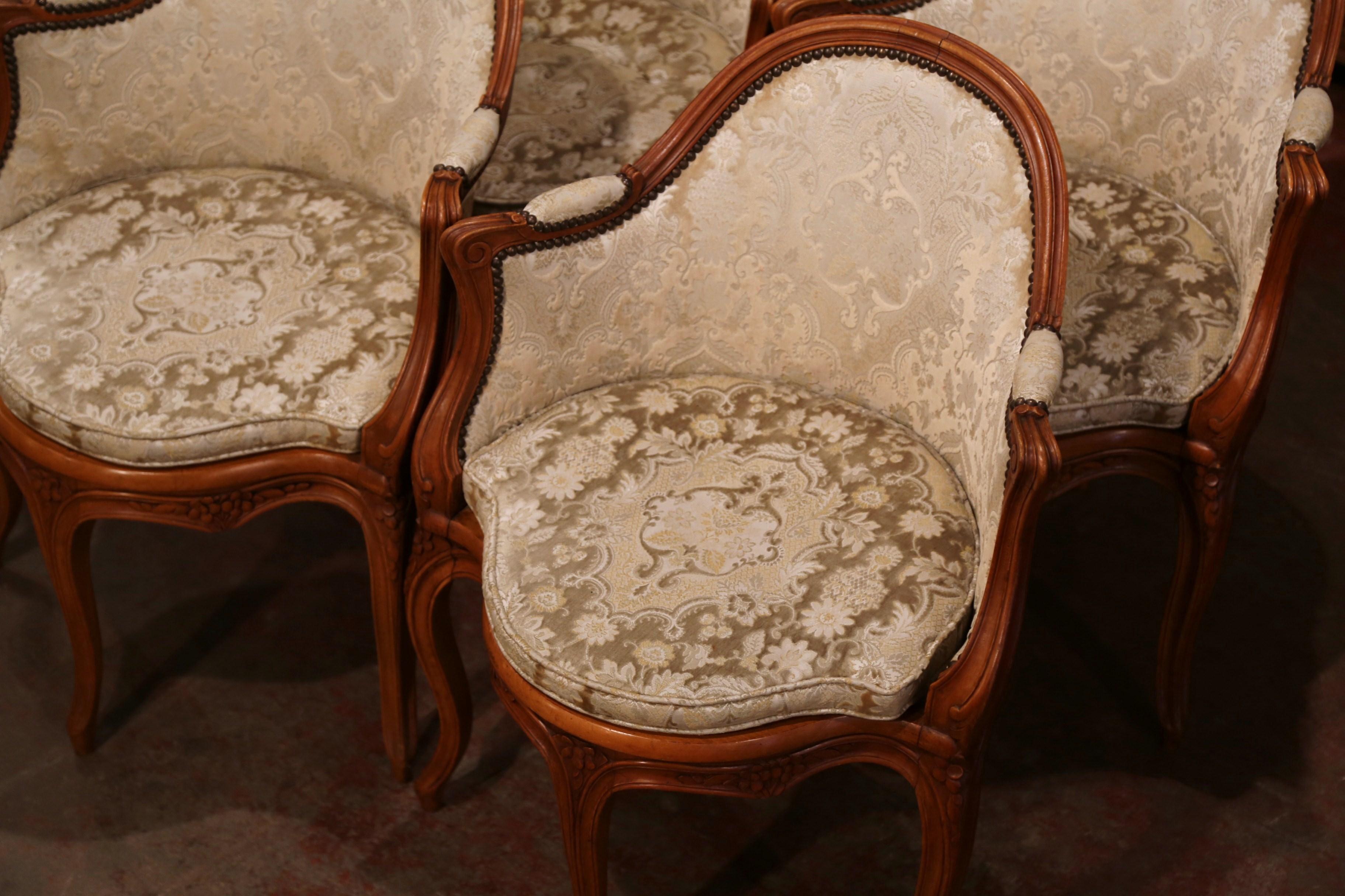 Velvet Set of Four Early 20th Century French Louis XV Carved Walnut Armchairs