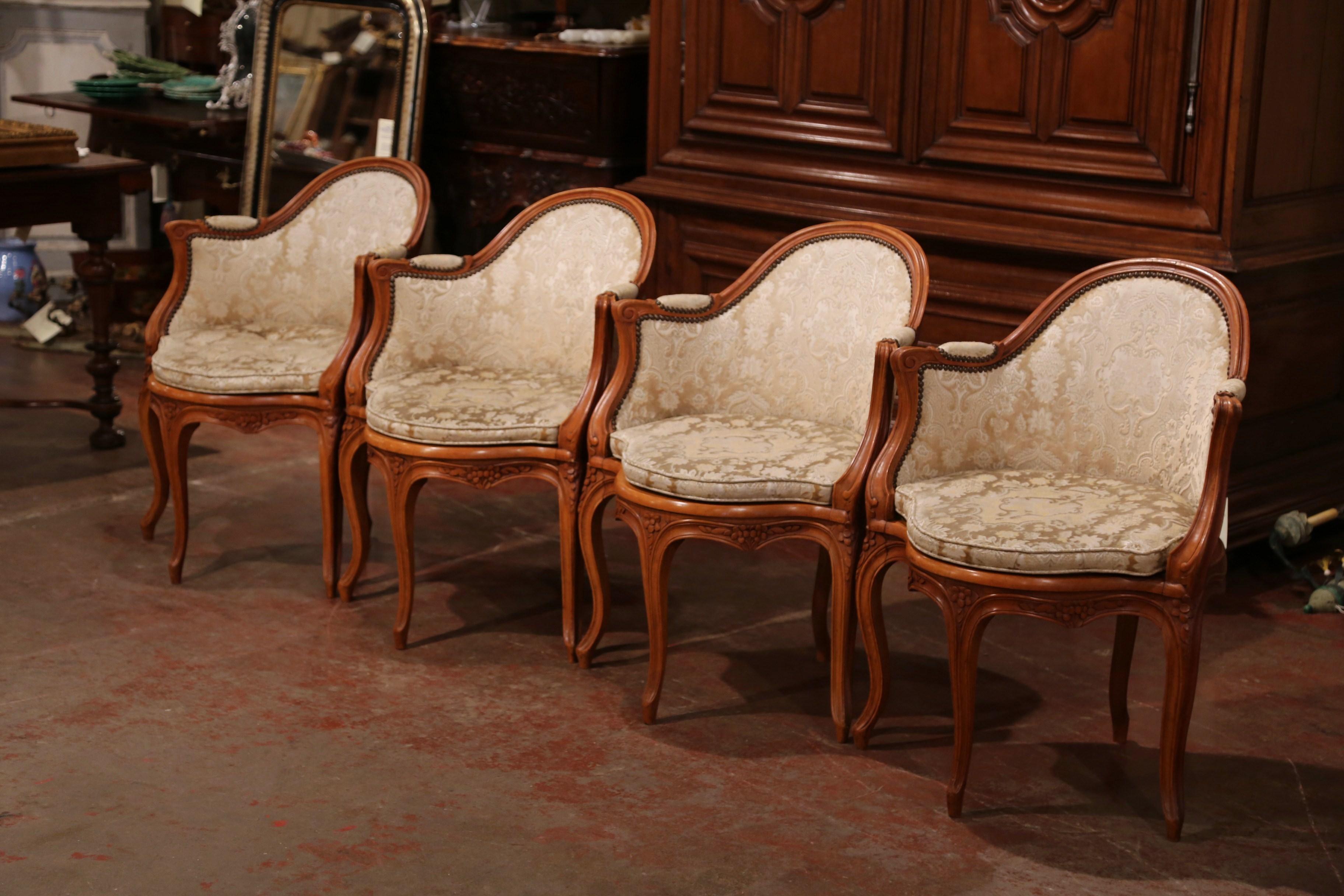 Set of Four Early 20th Century French Louis XV Carved Walnut Armchairs 4