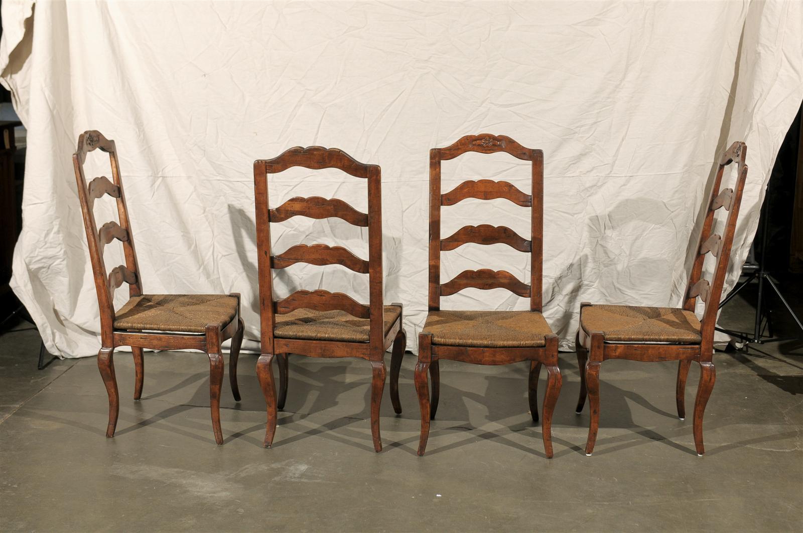 Set of Four Early 20th Century French Provincial Ladder Back Rush Seat Chairs 1