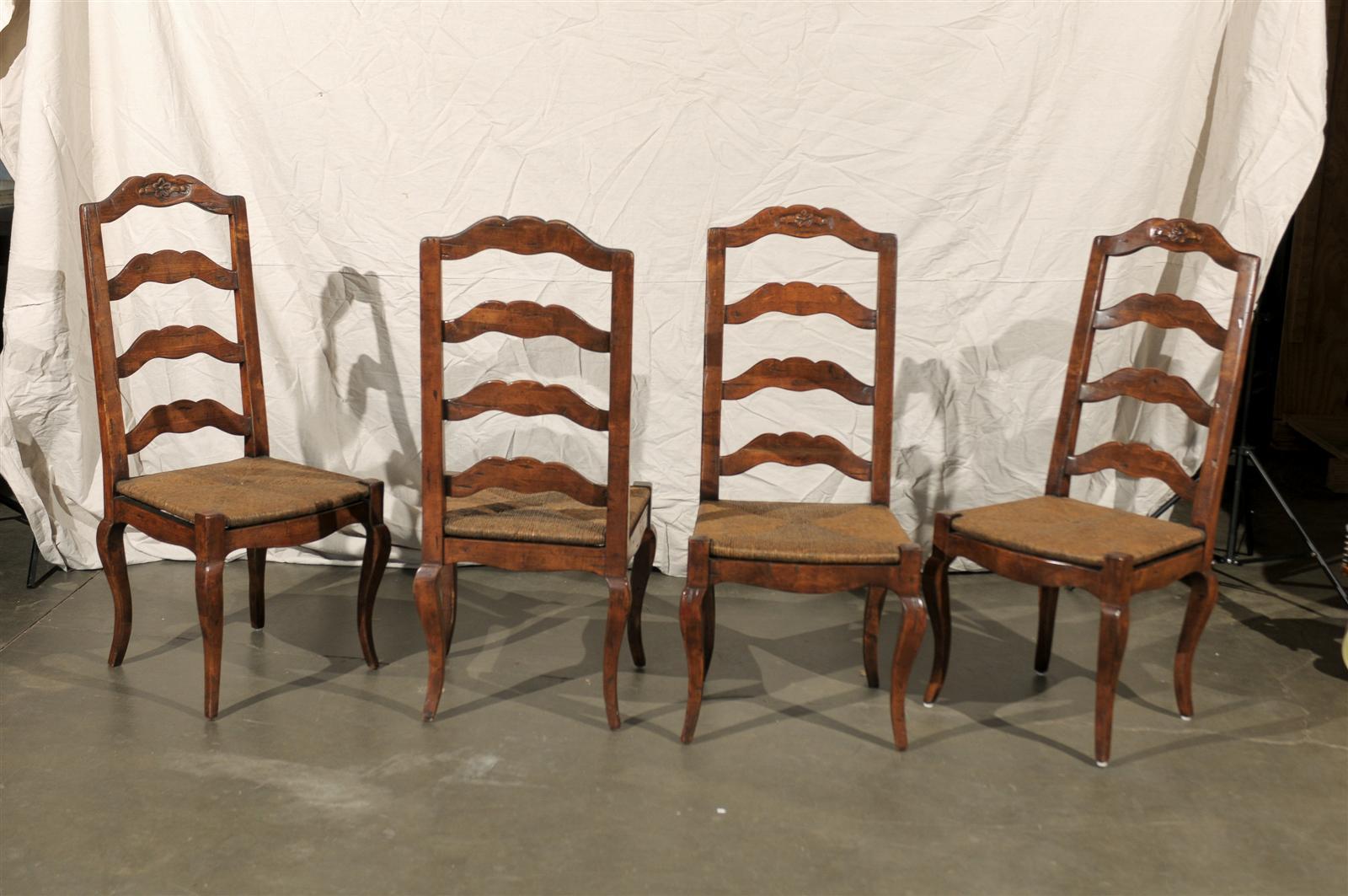 Set of Four Early 20th Century French Provincial Ladder Back Rush Seat Chairs 3