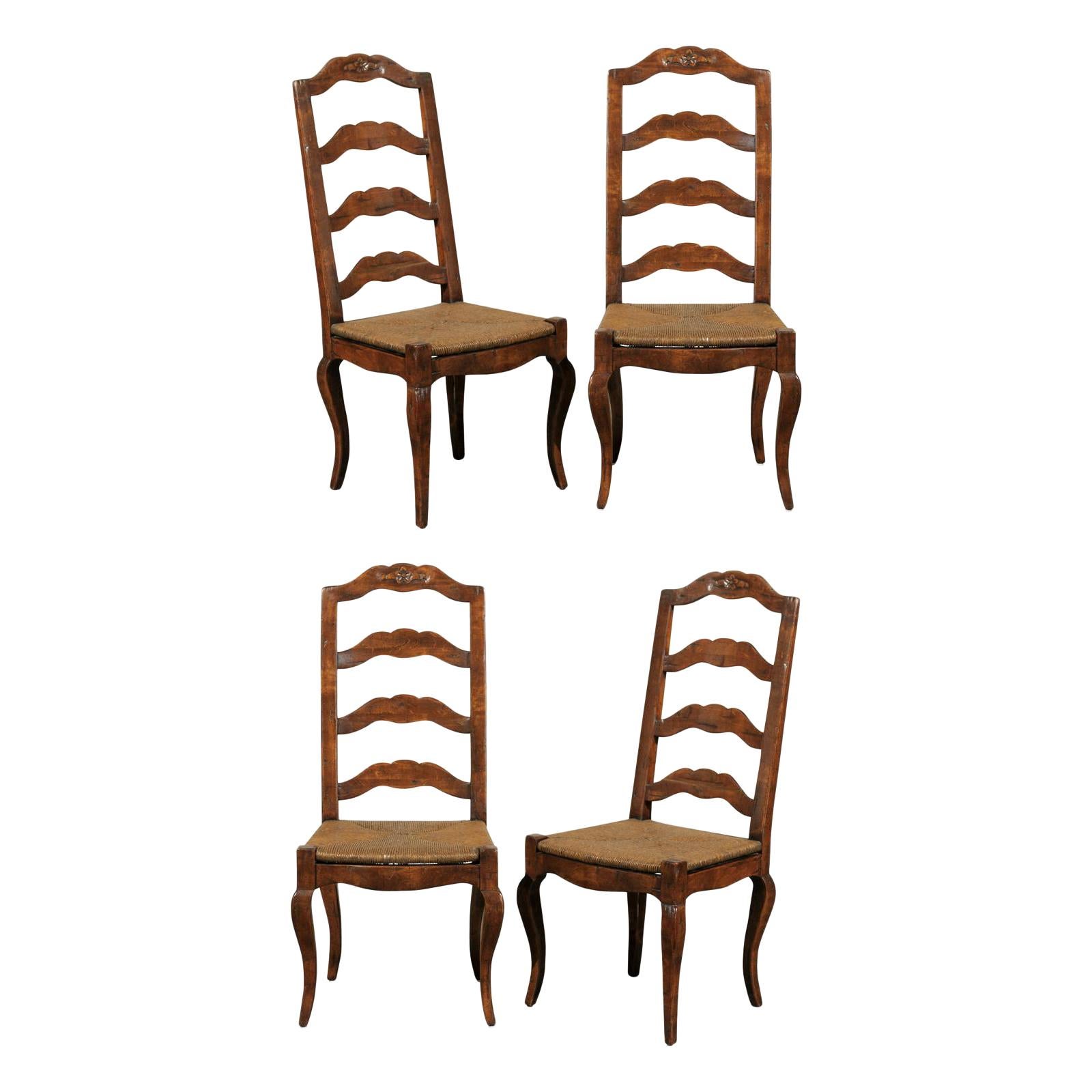 Set of Four Early 20th Century French Provincial Ladder Back Rush Seat Chairs
