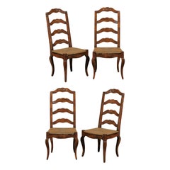 Set of Four Early 20th Century French Provincial Ladder Back Rush Seat Chairs