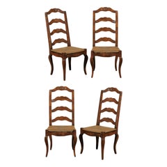 Set of Four Early 20th Century French Provincial Ladder Back Rush Seat Chairs