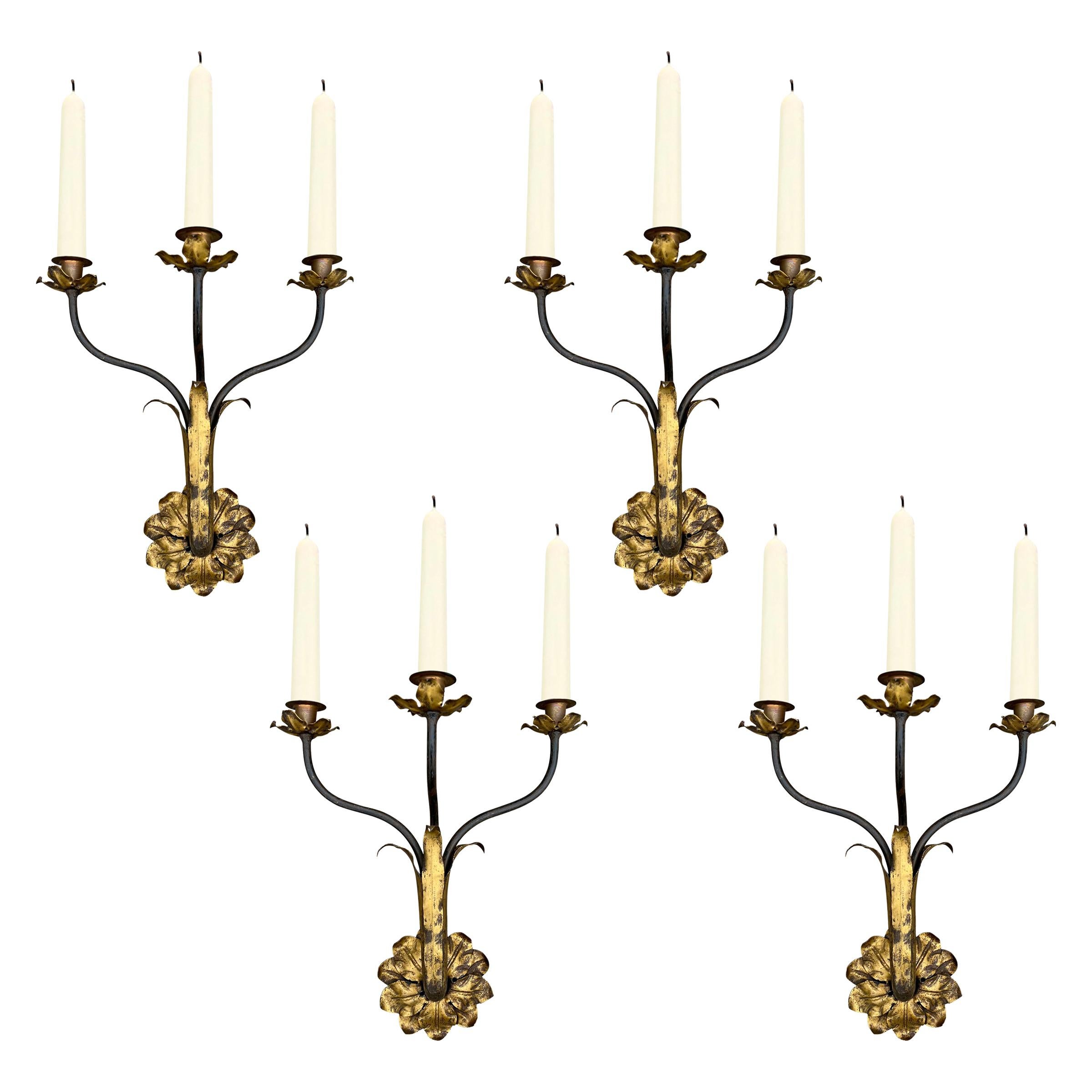 Set of Four Early 20th Century Italian Gilt Iron Candle Sconces In Good Condition For Sale In Chicago, IL
