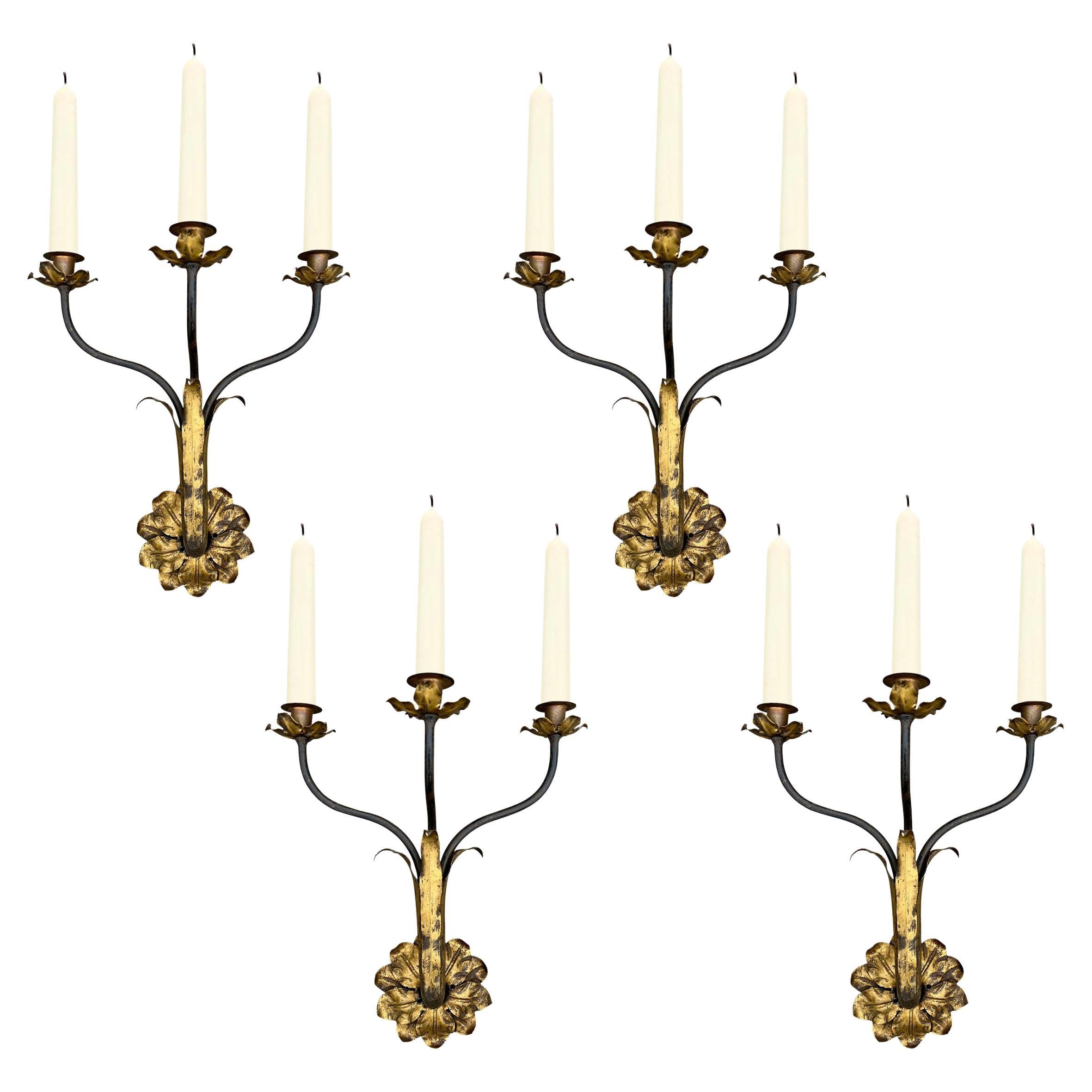 Set of Four Early 20th Century Italian Gilt Iron Candle Sconces For Sale