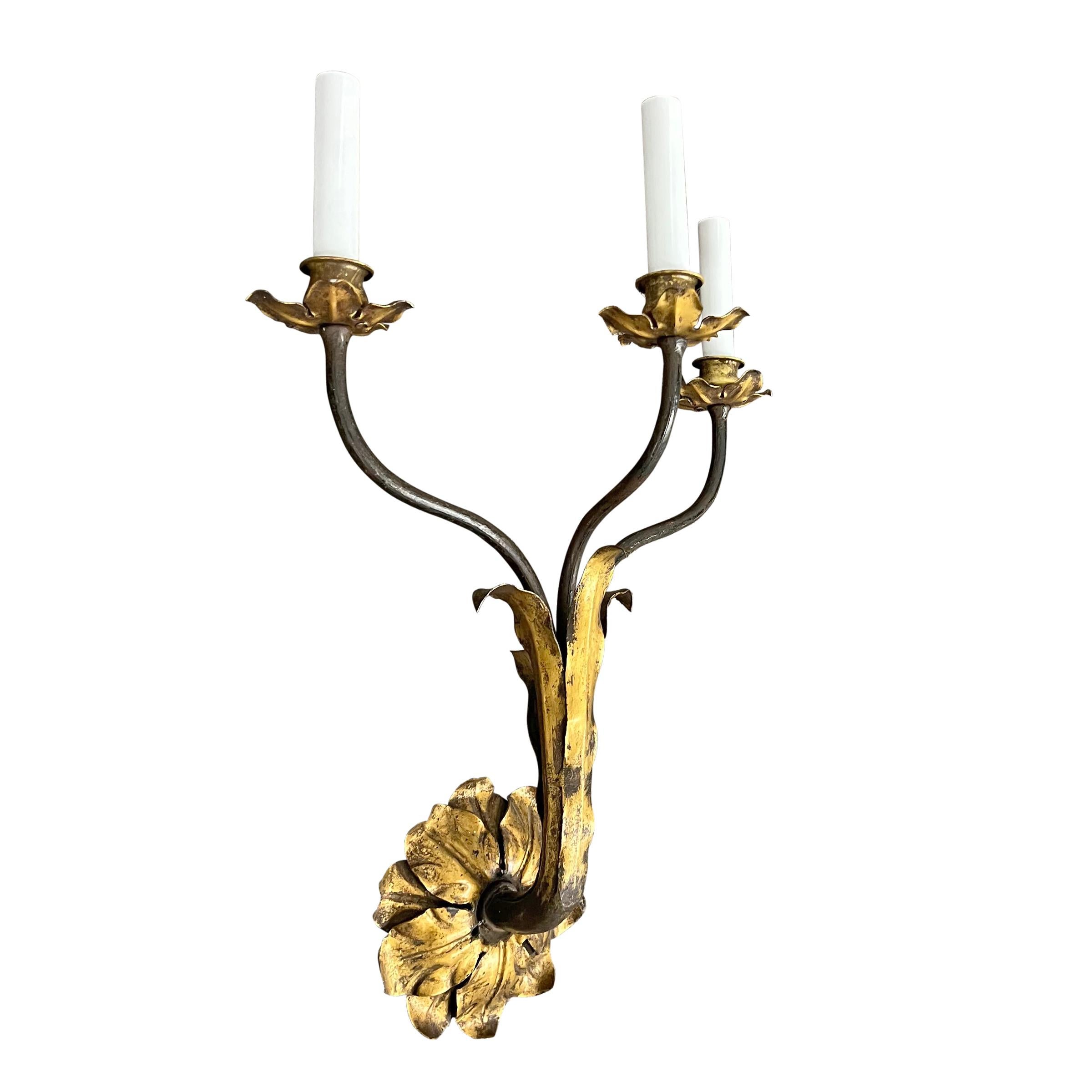 Steel Set of Four Early 20th Century Italian Gilt Tole Sconces For Sale