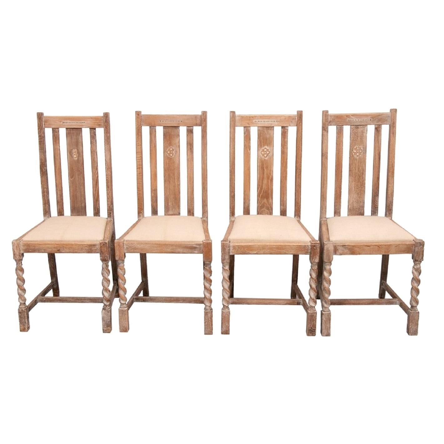 Set of Four Early 20th Century Limed Oak Dining Chairs For Sale