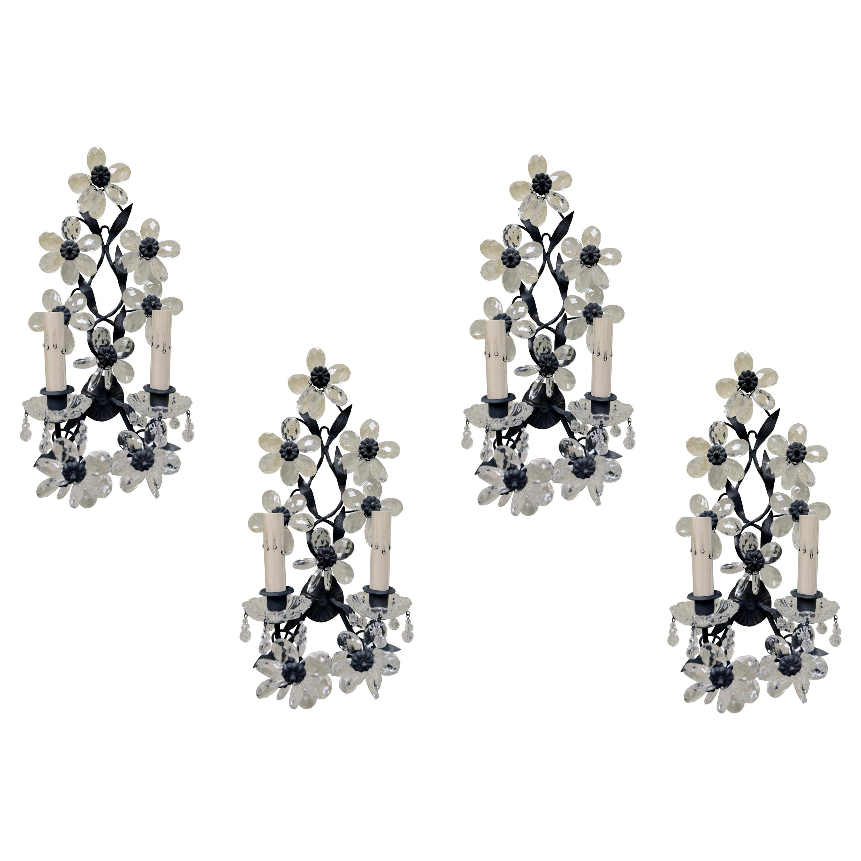 Set of Four Early 20th Century Maison Baques Style Flower Prism Sconces For Sale