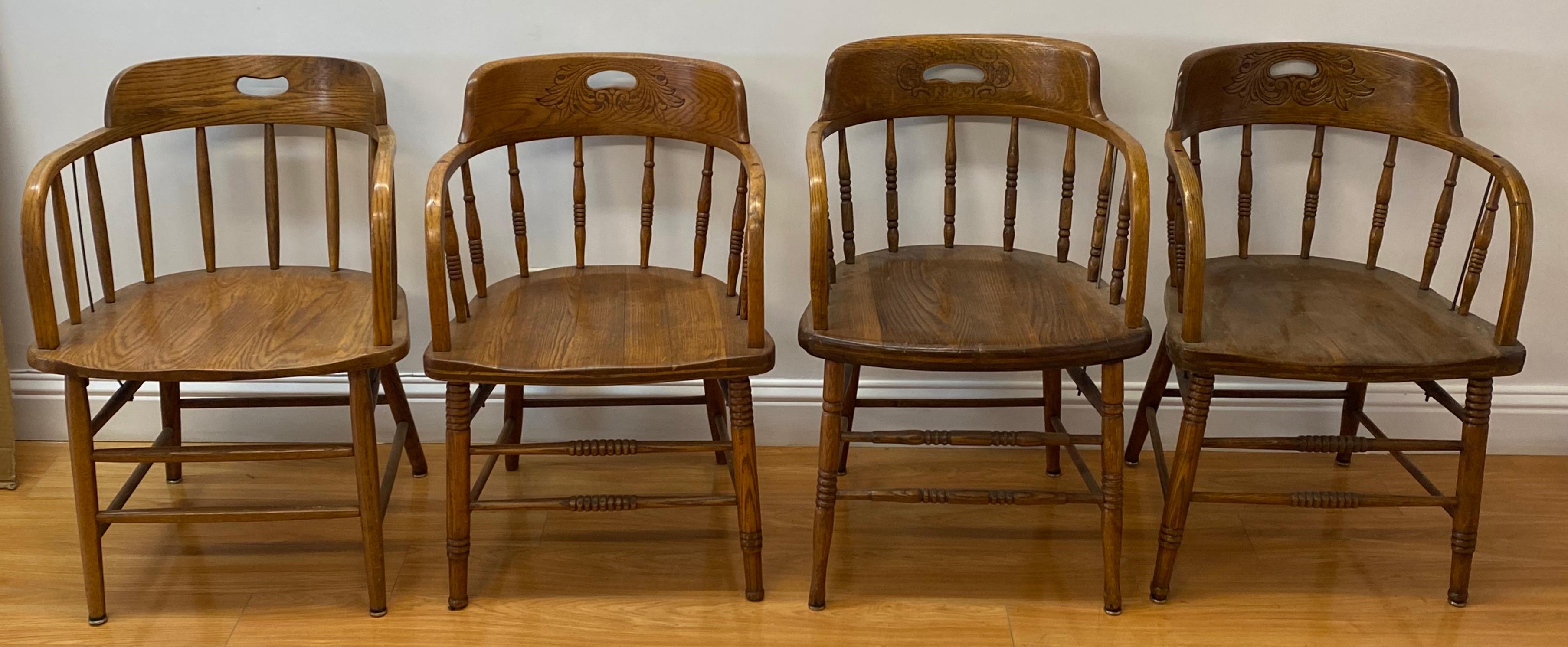 Hand-Crafted Set of Four Early 20th Century Mismatched Barrel Back Oak Pub Chairs