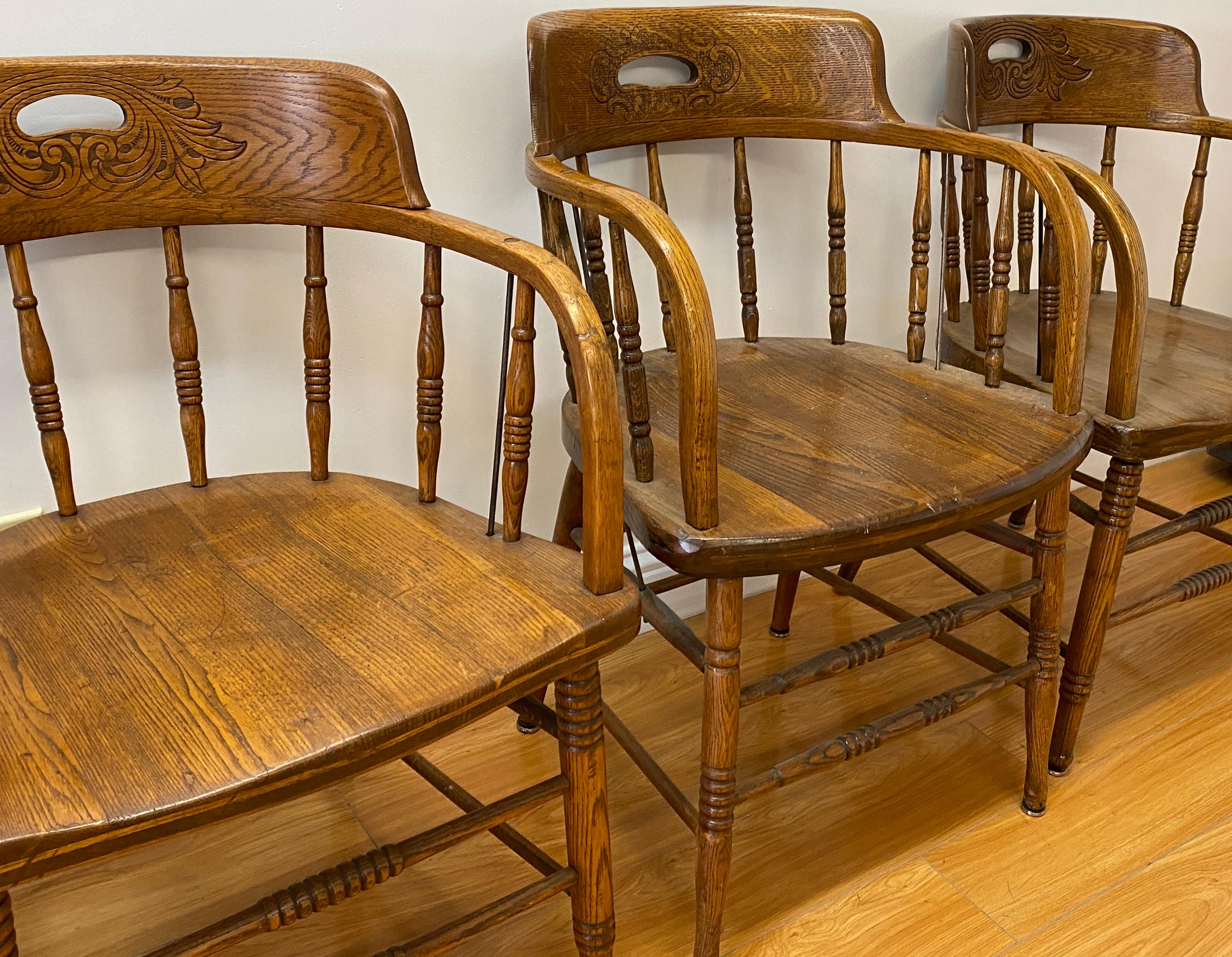 Set of Four Early 20th Century Mismatched Barrel Back Oak Pub Chairs In Good Condition In San Francisco, CA