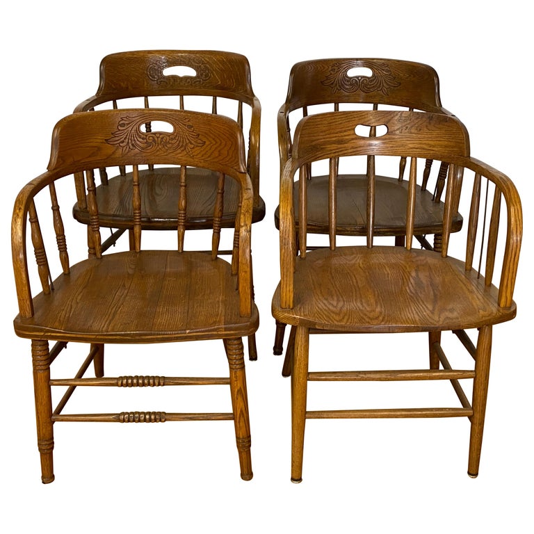 Mismatched Barrel Back Oak Pub Chairs, Antique Wooden Barrel Back Chair