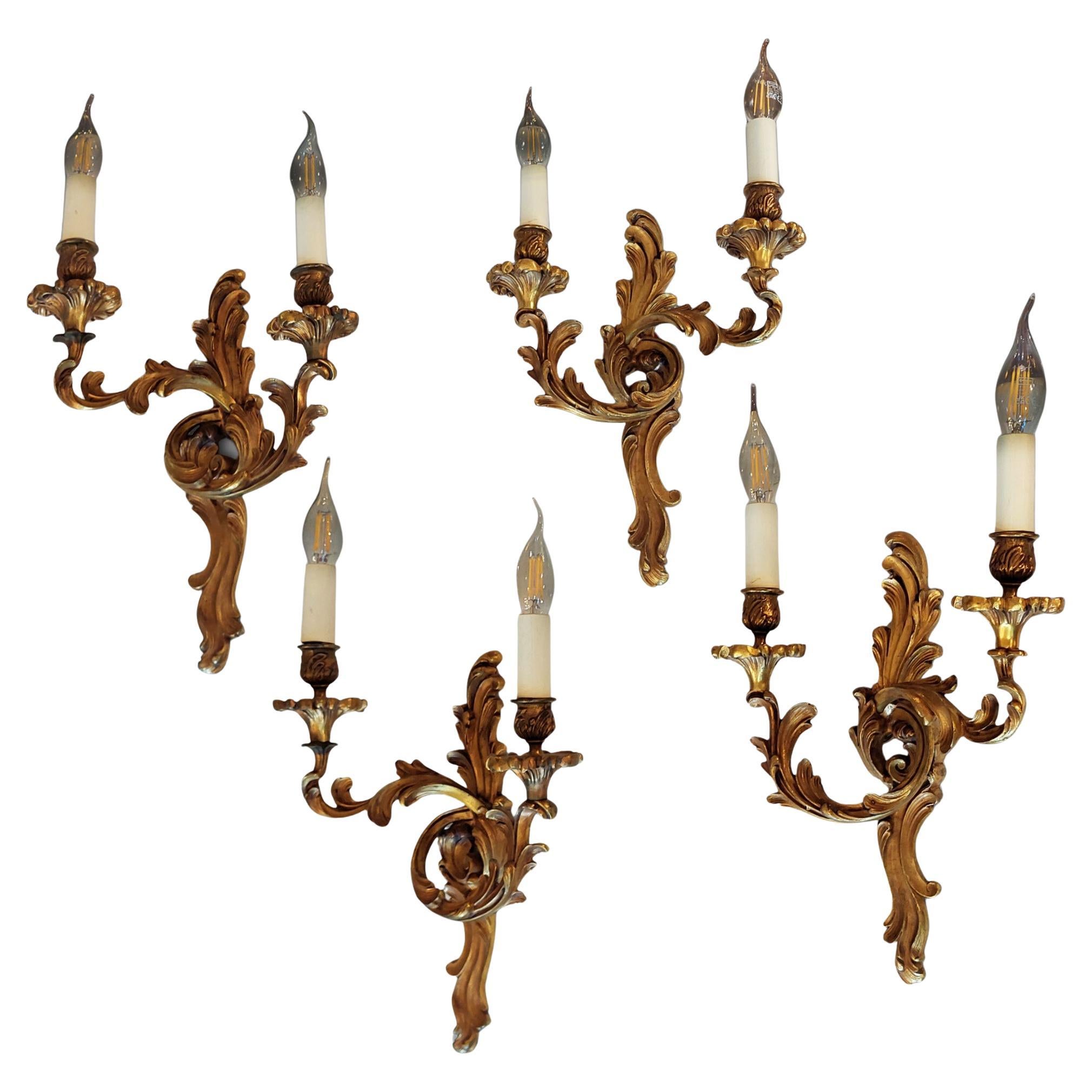 Set of Four Early 20thC Brass Rococo Style Wall Lights For Sale