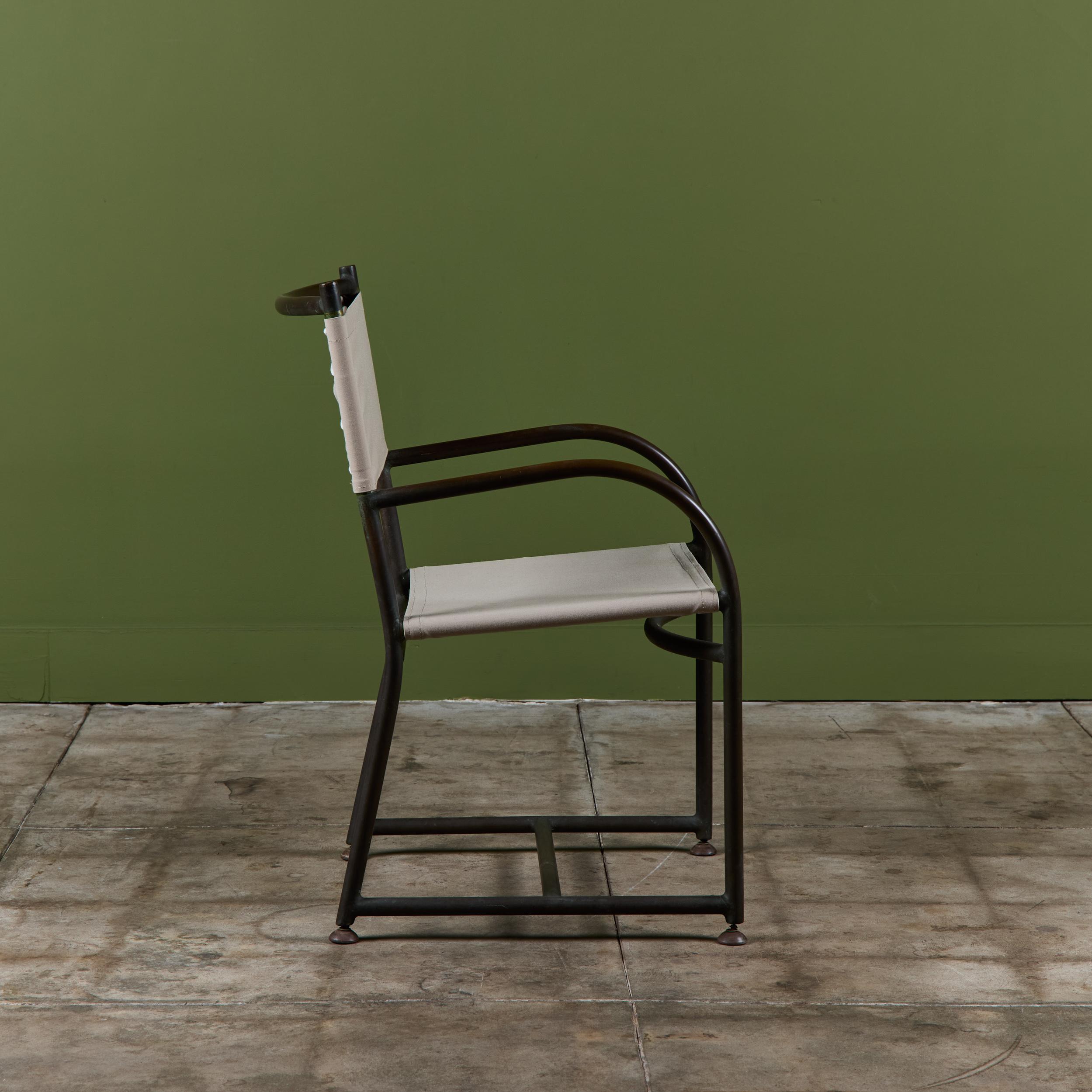 Set of Four Early Walter Lamb Bronze & Canvas Dining Chairs In Good Condition For Sale In Los Angeles, CA