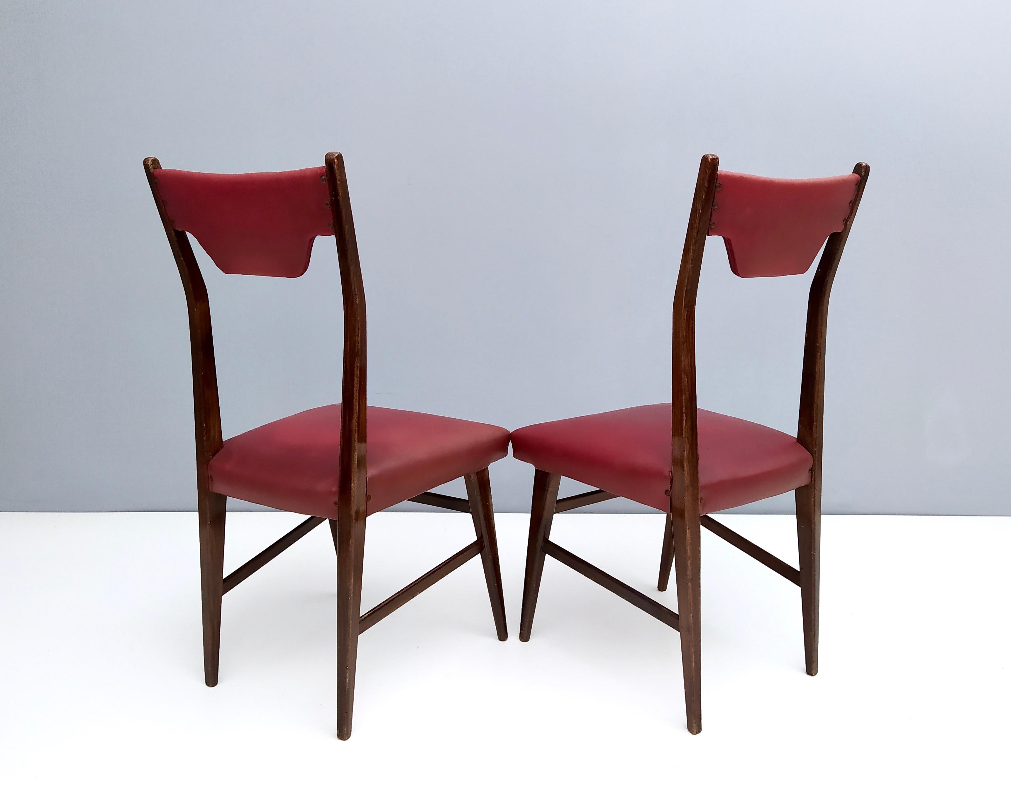 Brass Set of Four Vintage Ebonized Beech and Crimson Skai Dining Chairs, Italy For Sale