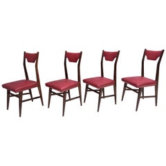 Set of Vintage Four Ebonized Beech and Crimson Red Skai Dining Chairs, Italy