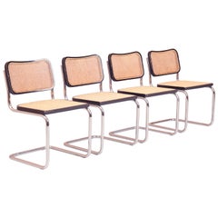 Set of Four Ebonized Breuer Cesca Chairs, Chrome Cantilever with Rattan, 1970s