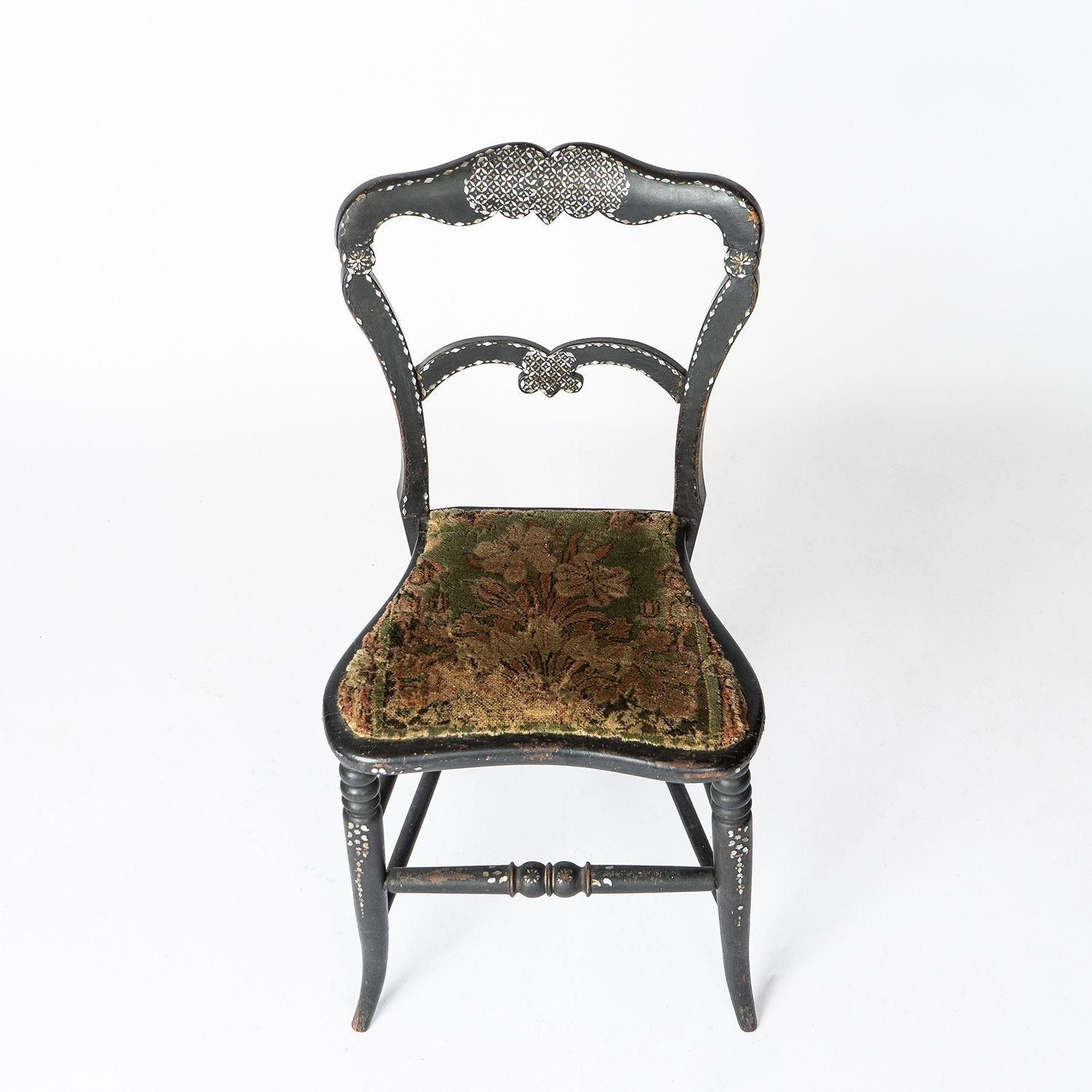 Set of 4 Antique Ebonised Mother of Pearl Inlaid Chairs With Velvet Upholstery For Sale 3