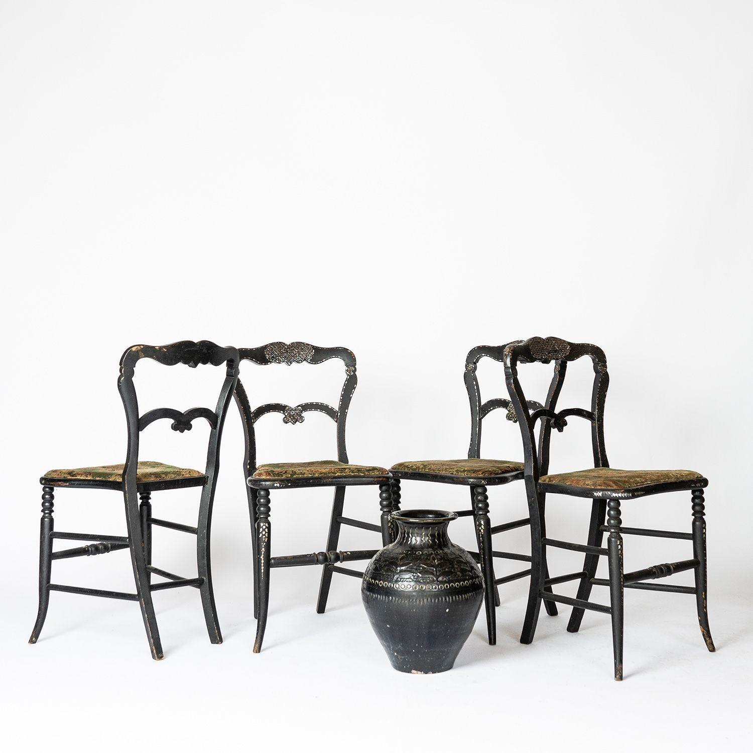 Set of 4 Antique Ebonised Mother of Pearl Inlaid Chairs With Velvet Upholstery For Sale 10