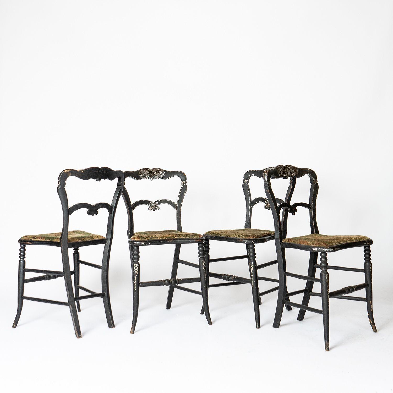 Set of 4 Antique Ebonised Mother of Pearl Inlaid Chairs With Velvet Upholstery For Sale 11