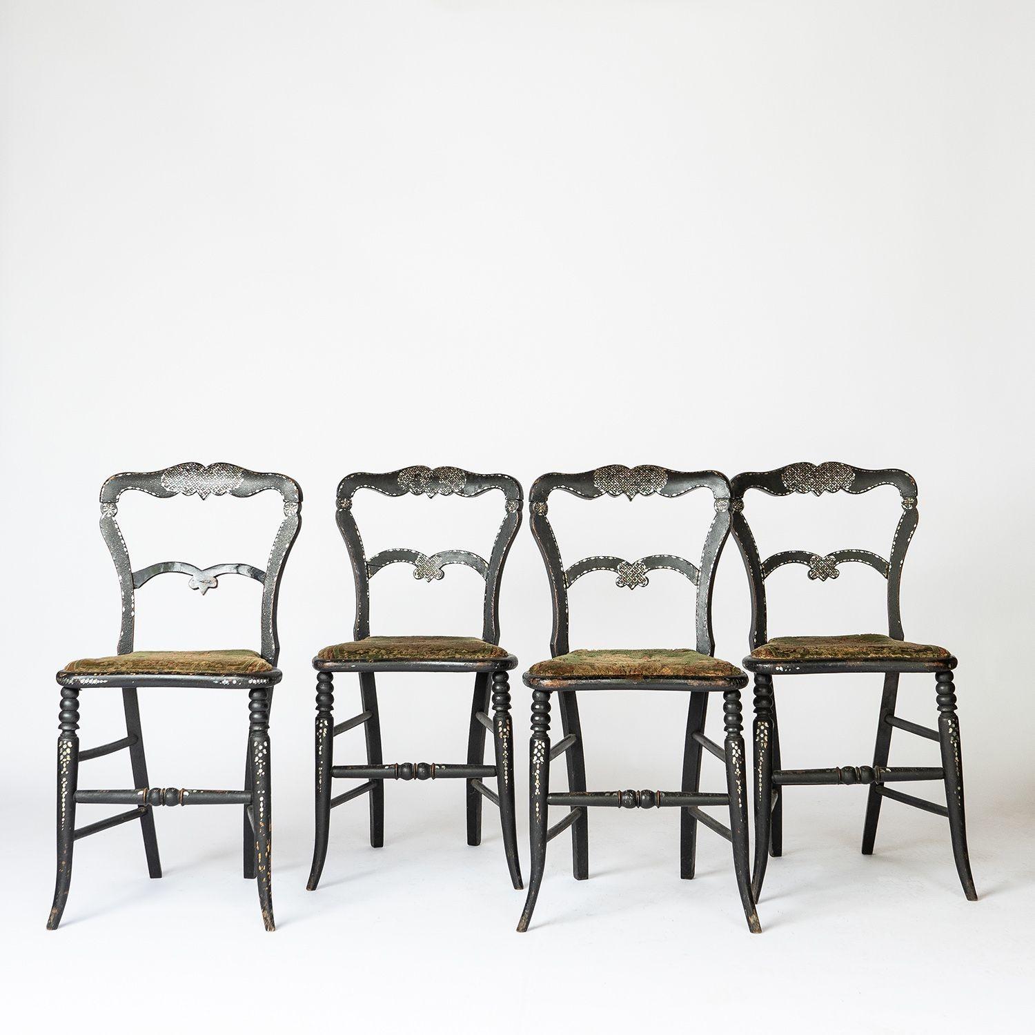 Victorian Set of 4 Antique Ebonised Mother of Pearl Inlaid Chairs With Velvet Upholstery For Sale