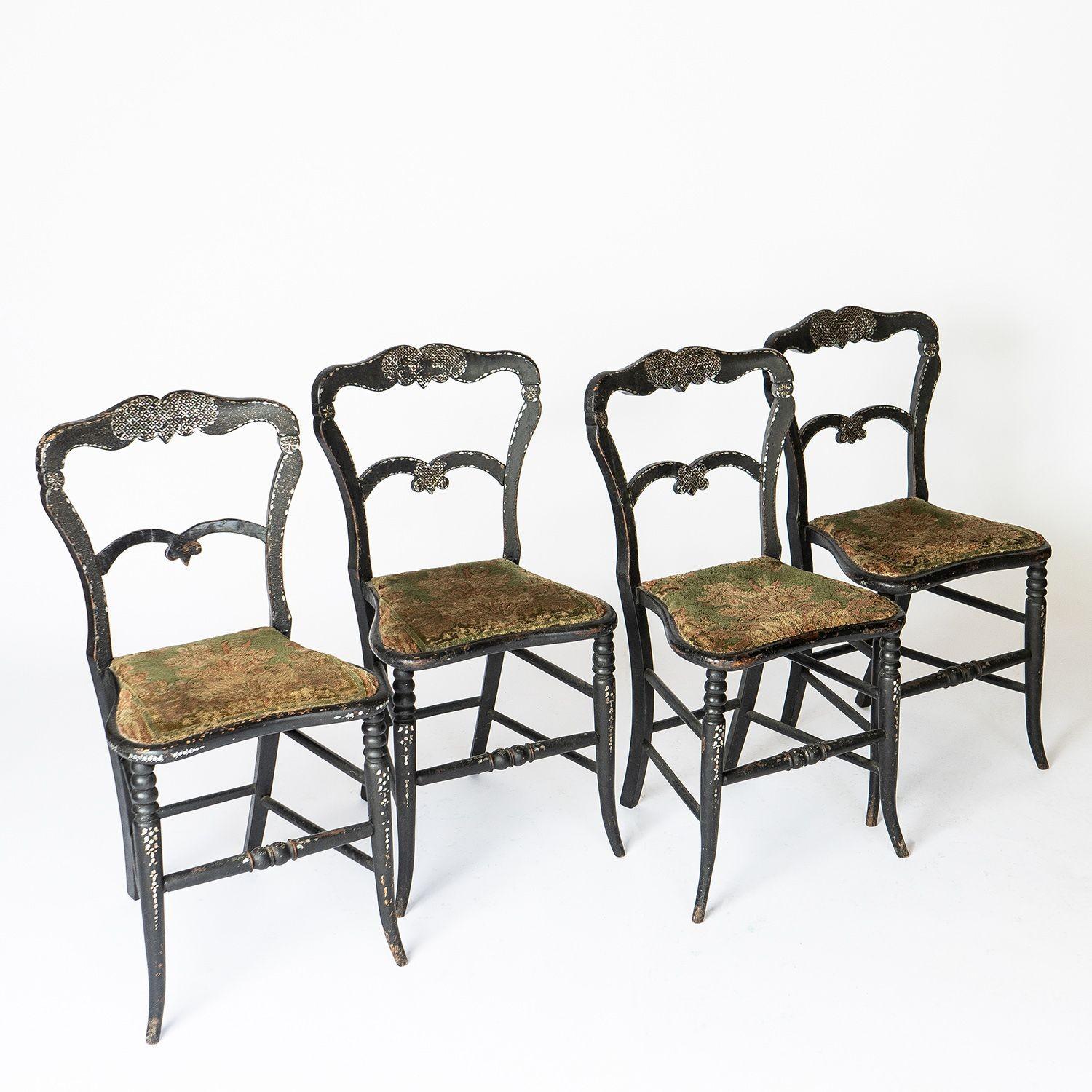 Ebonized Set of 4 Antique Ebonised Mother of Pearl Inlaid Chairs With Velvet Upholstery For Sale