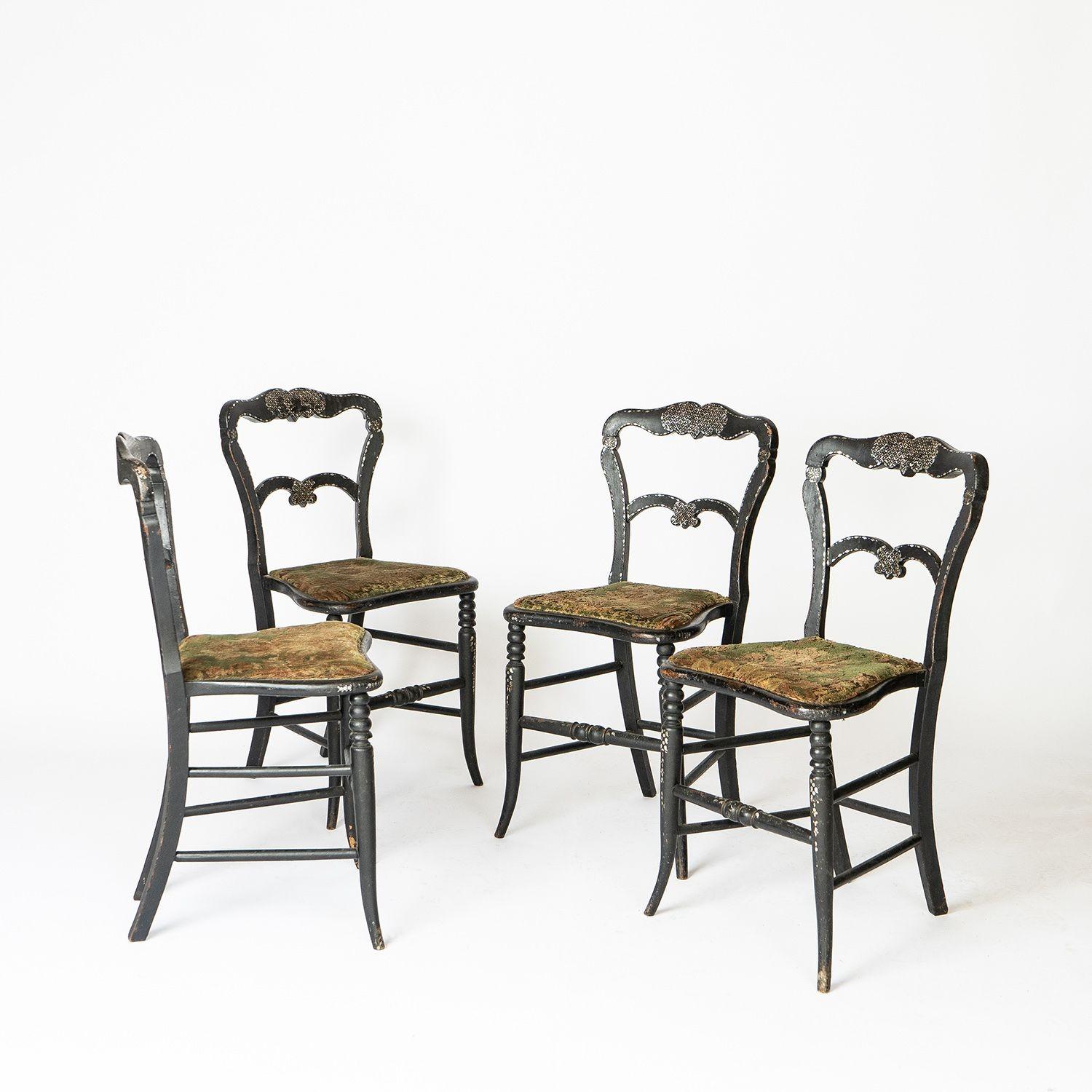 19th Century Set of 4 Antique Ebonised Mother of Pearl Inlaid Chairs With Velvet Upholstery For Sale