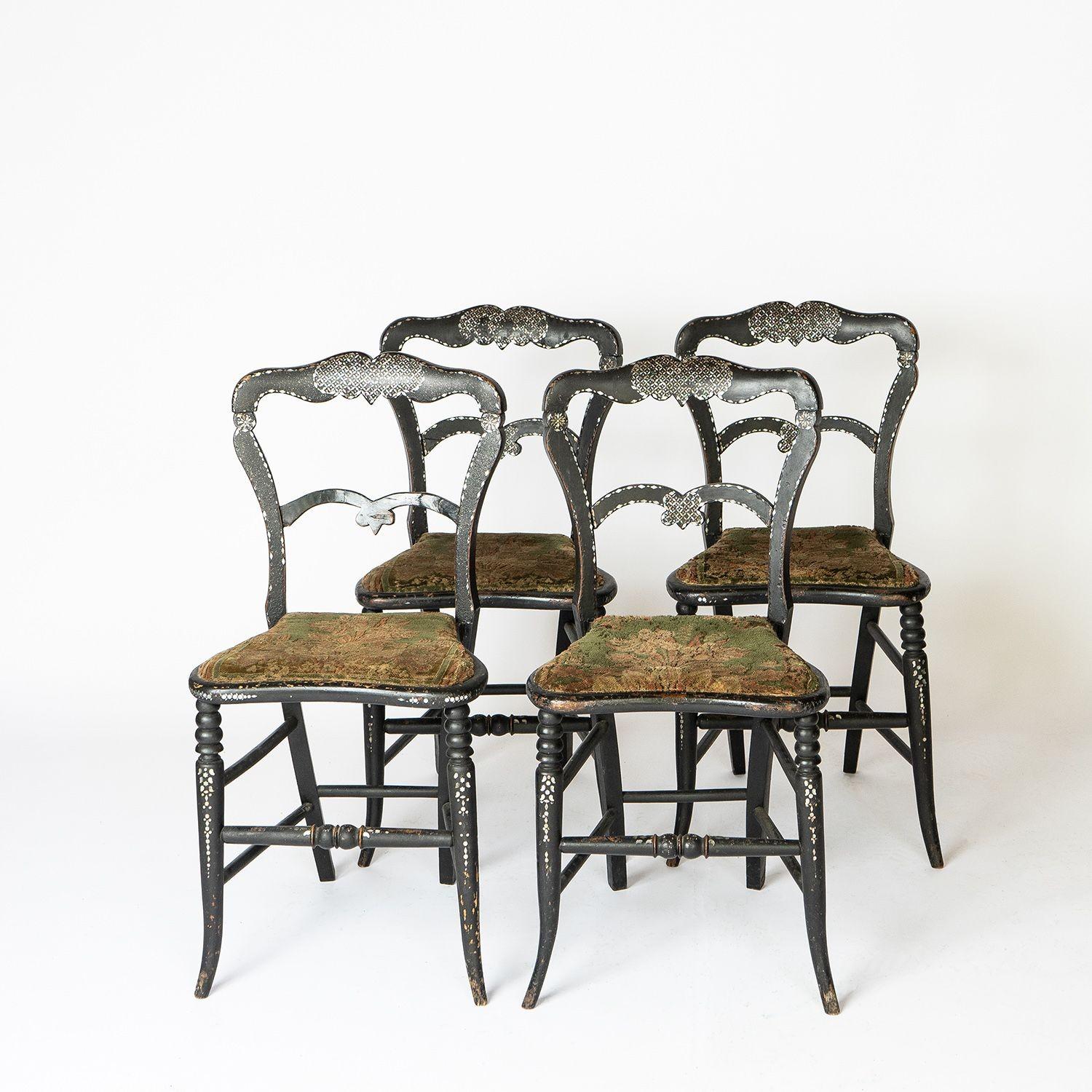 Wood Set of 4 Antique Ebonised Mother of Pearl Inlaid Chairs With Velvet Upholstery For Sale