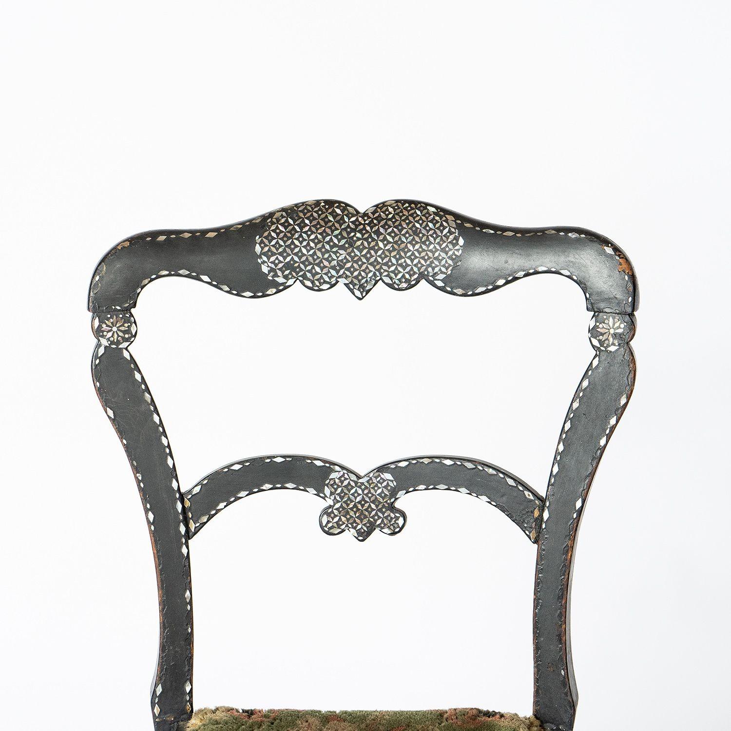 Set of 4 Antique Ebonised Mother of Pearl Inlaid Chairs With Velvet Upholstery For Sale 2