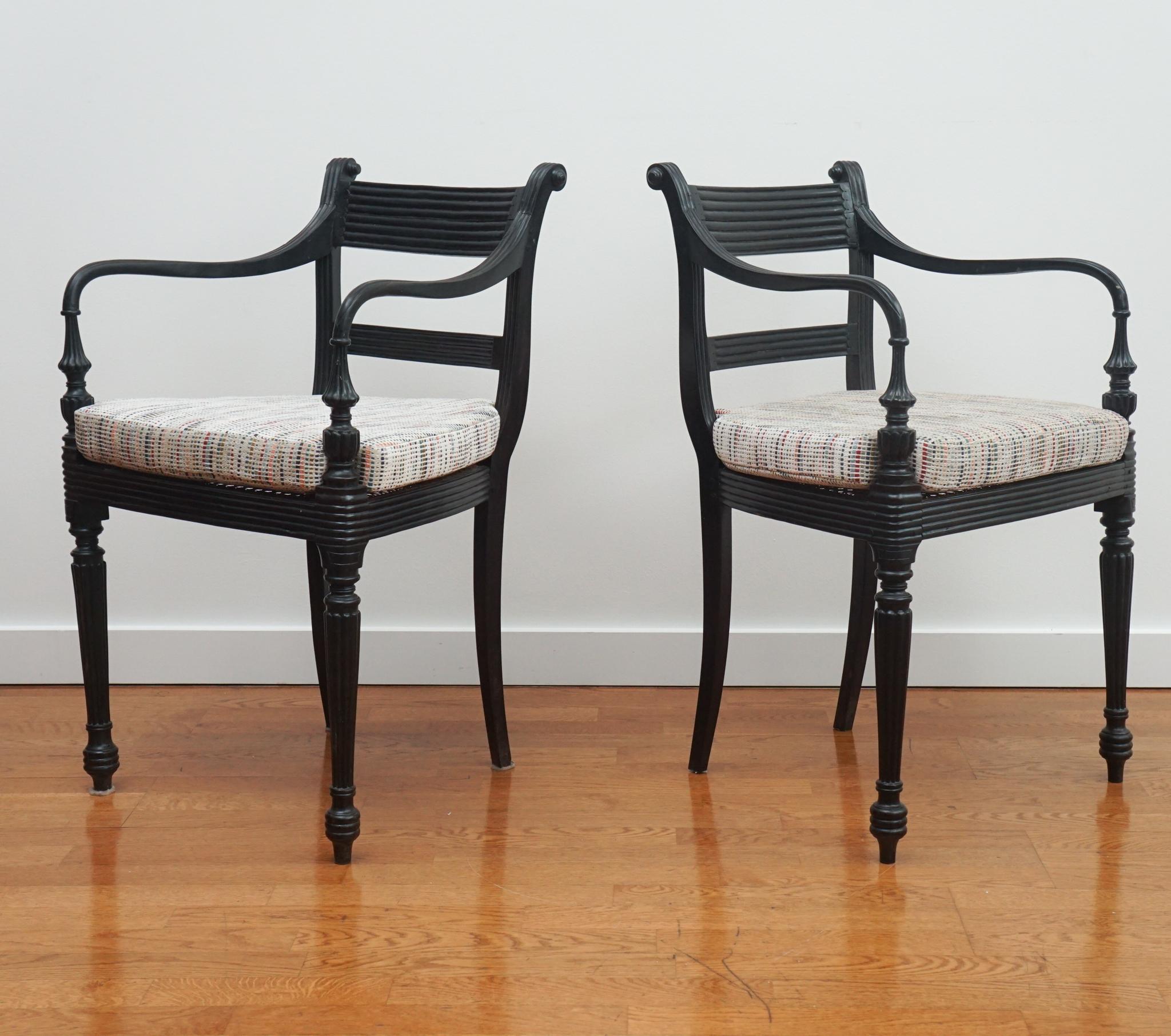 Set of Four Ebony Carved Cane Seat Dining Armchairs In Good Condition For Sale In Hudson, NY