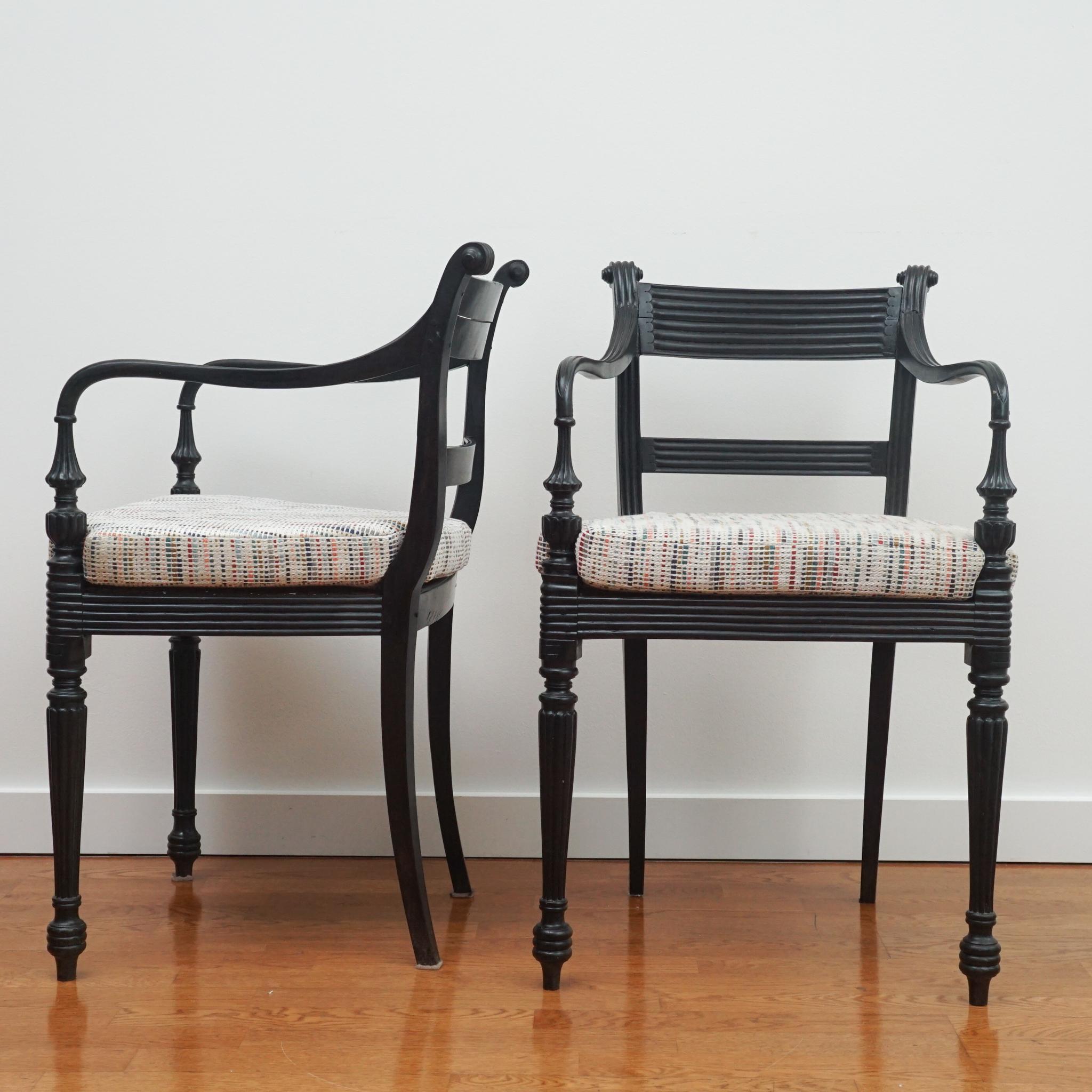 19th Century Set of Four Ebony Carved Cane Seat Dining Armchairs For Sale